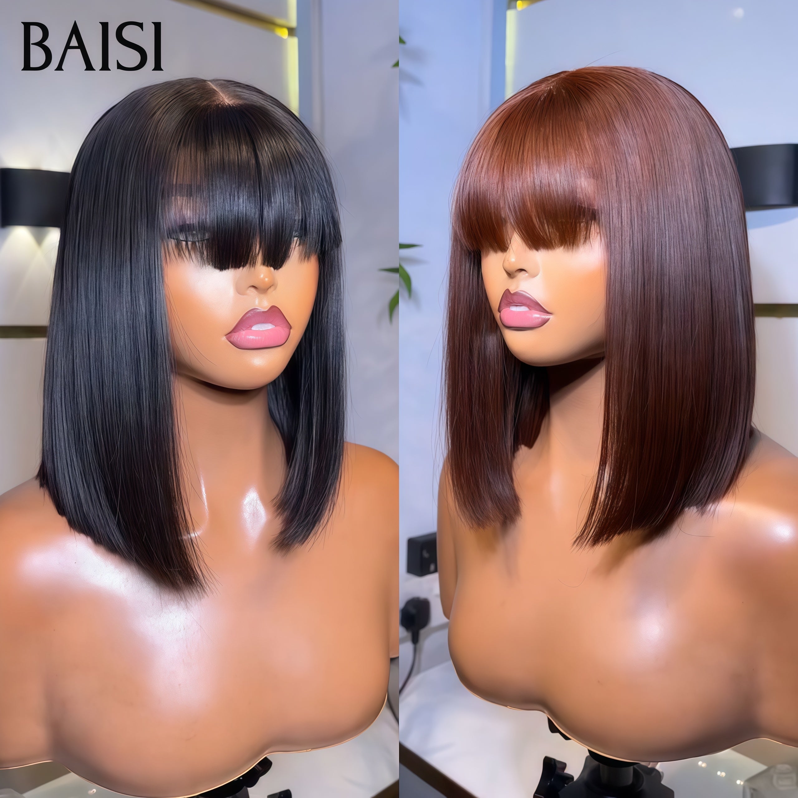 BAISI Promotion 2 perruques 99€ 8 pouce frange LIsse Marron et NOIR 100% vrais cheveux humains