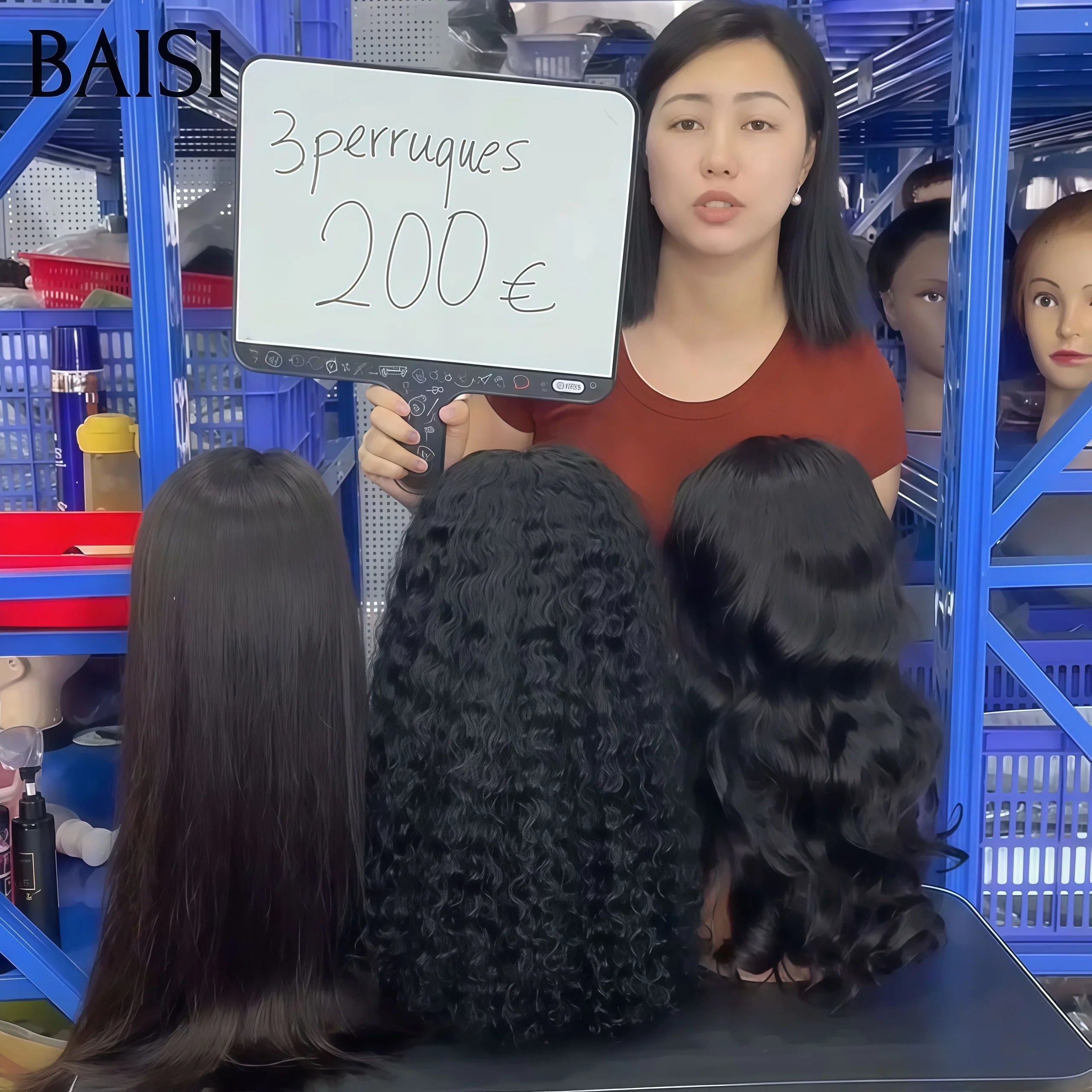 BAISI Lot de 3 perruques Flash Offer PROMOTION 200€ 4X4 lace closure 18 Pouces curly wave et body wave et lisse NOIR en 100% vrais cheveux humains FR20