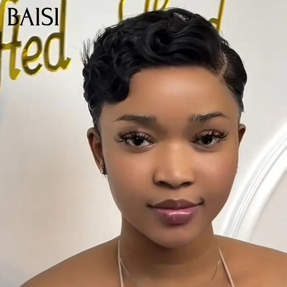 BAISI À partir de 66€ PIXIE Coupe 13X4 Lace Frontal Perruque Bouclée Avec La Raie De Côté