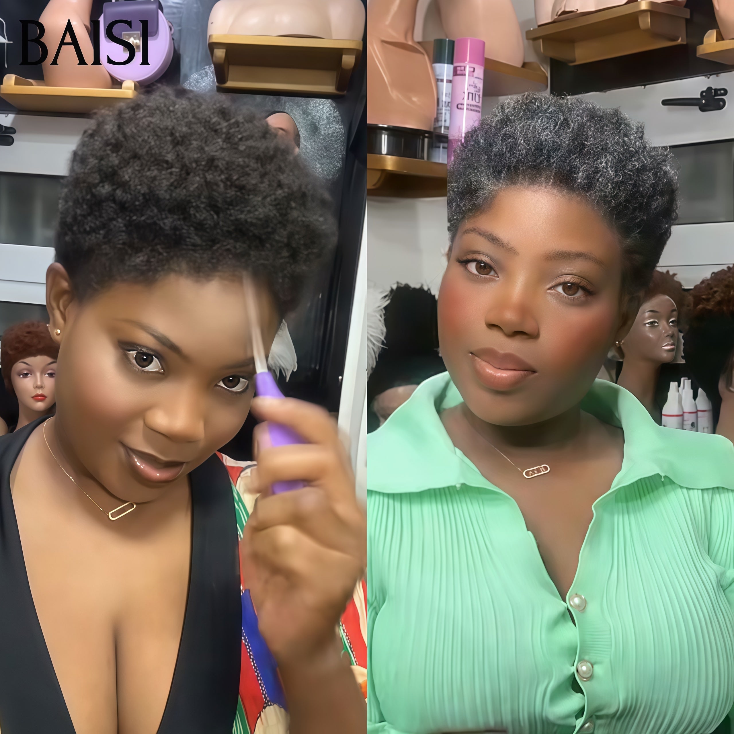 BAISI Vente Combinée 2 Perruques Sans Colle 79€ afro curly NOIR et gris 100% Cheveux Humains Fabriqué à la Machine
