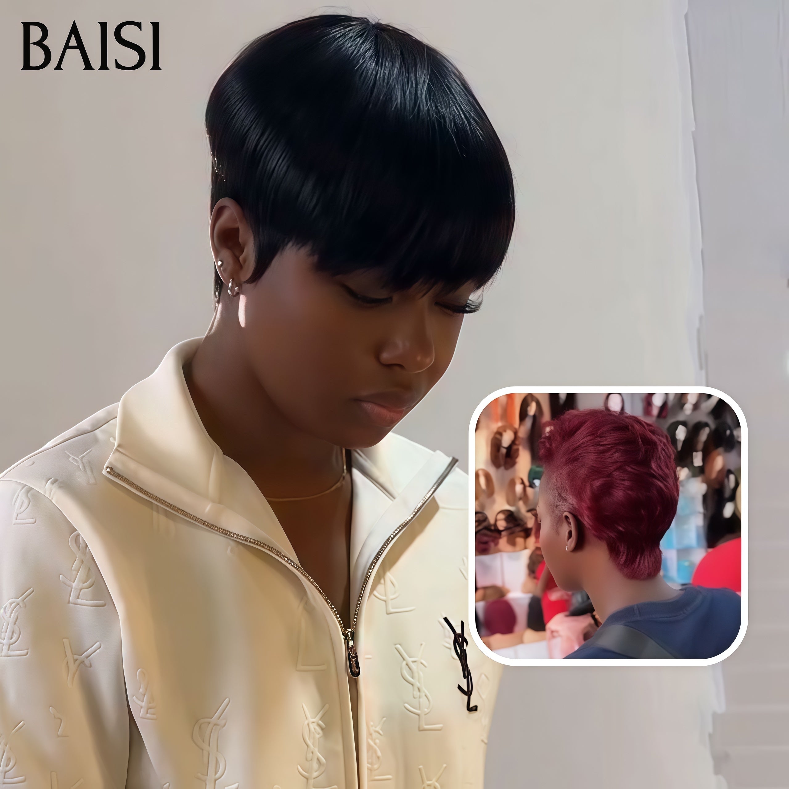 BAISI vente flash PRIX EN GROS Achetez 1 +1 Gratuite= 66€ pixie sans Colle finger wave 99J# et Lisse NOIR en 100% vrais cheveux humains