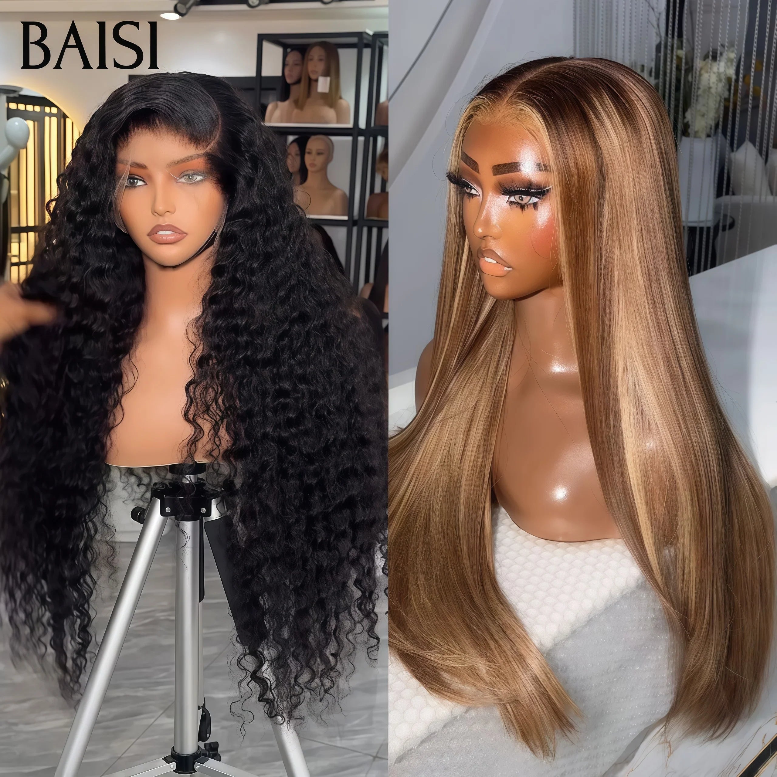BAISI Achetez 1 + 1 Gratuite = 249€ 13X4 lace frontal Lisse 26 Pouces en couleur Mixte ou curly wave Perruque en 100% vrais cheveux humains
