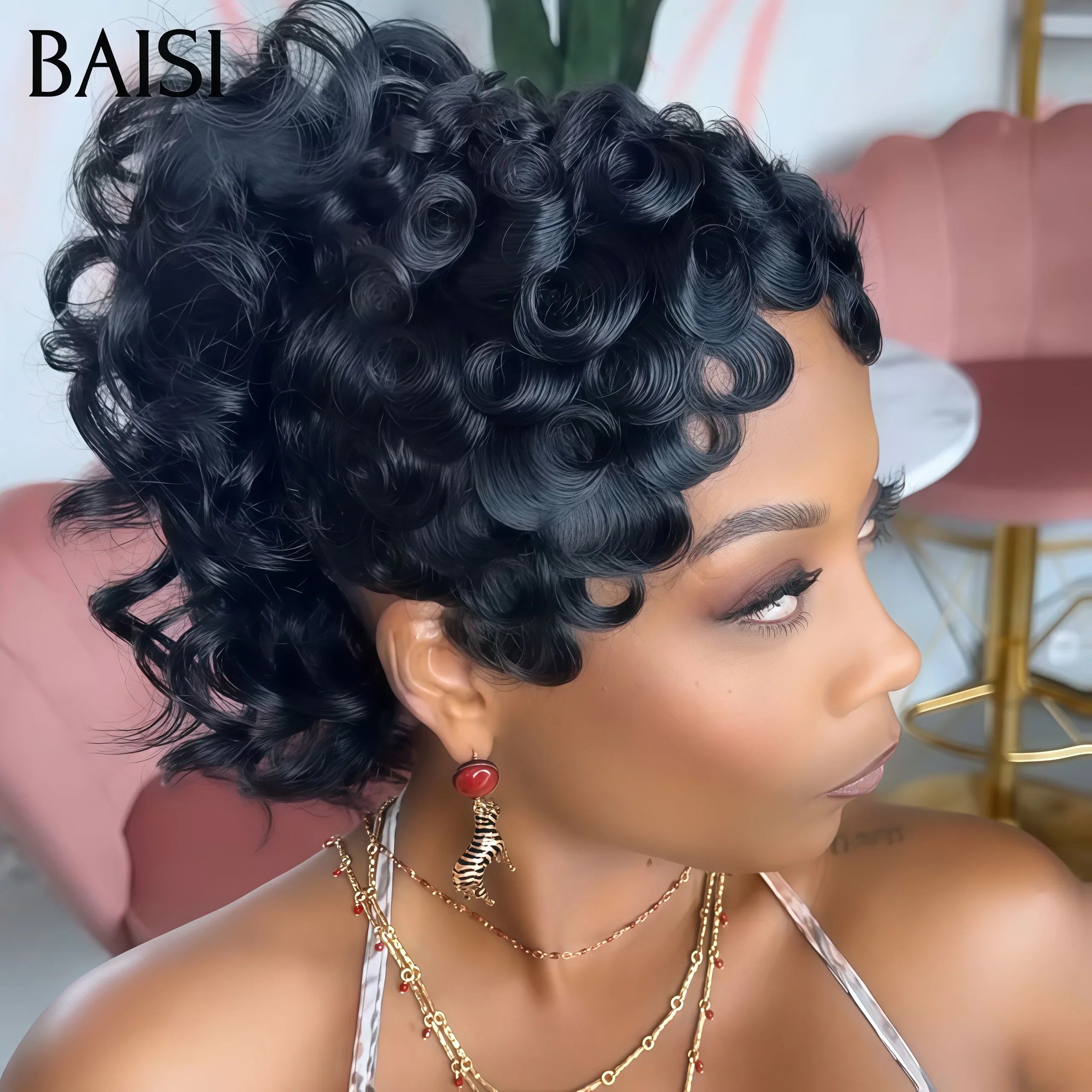 BAISI Perruque Pixie Finger Wave petite coupe fabriqué à la machine 100% comme indiqué sur la photo couleur naturelle En 100% Cheveux Humains