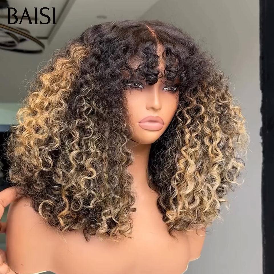 BAISI Luxus-Eierwellen-Perücken mit Pony, hergestellt aus doppelt gezogenem Haar mit natürlichem Mittelscheitel, 300 % Dichte