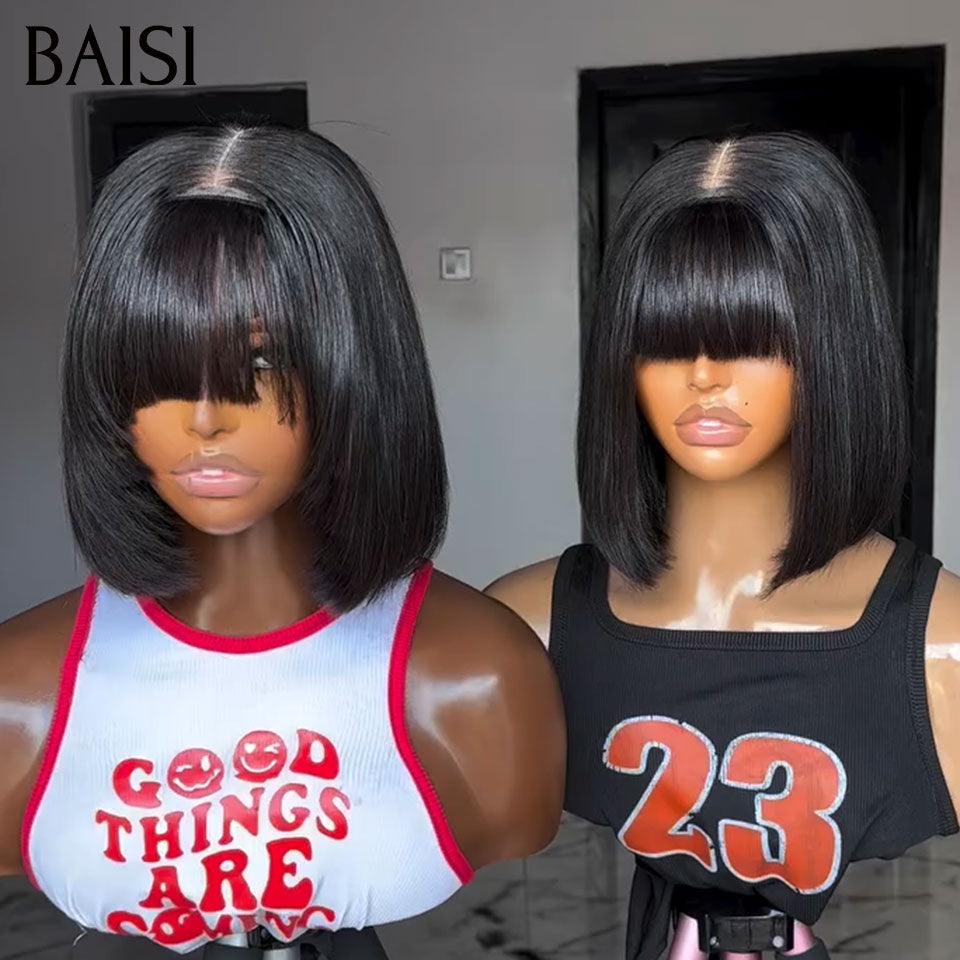 BAISI Achetez 1 + 1 Gratuite = 198€ 4X4 lace Marron 1BT4# 12 Pouces et Lisse avec Frange 8 Pouces DE luxe ou Perruque Lisse AVEC FRANGE en couleur #1BT99J en 100% Cheveux Humains