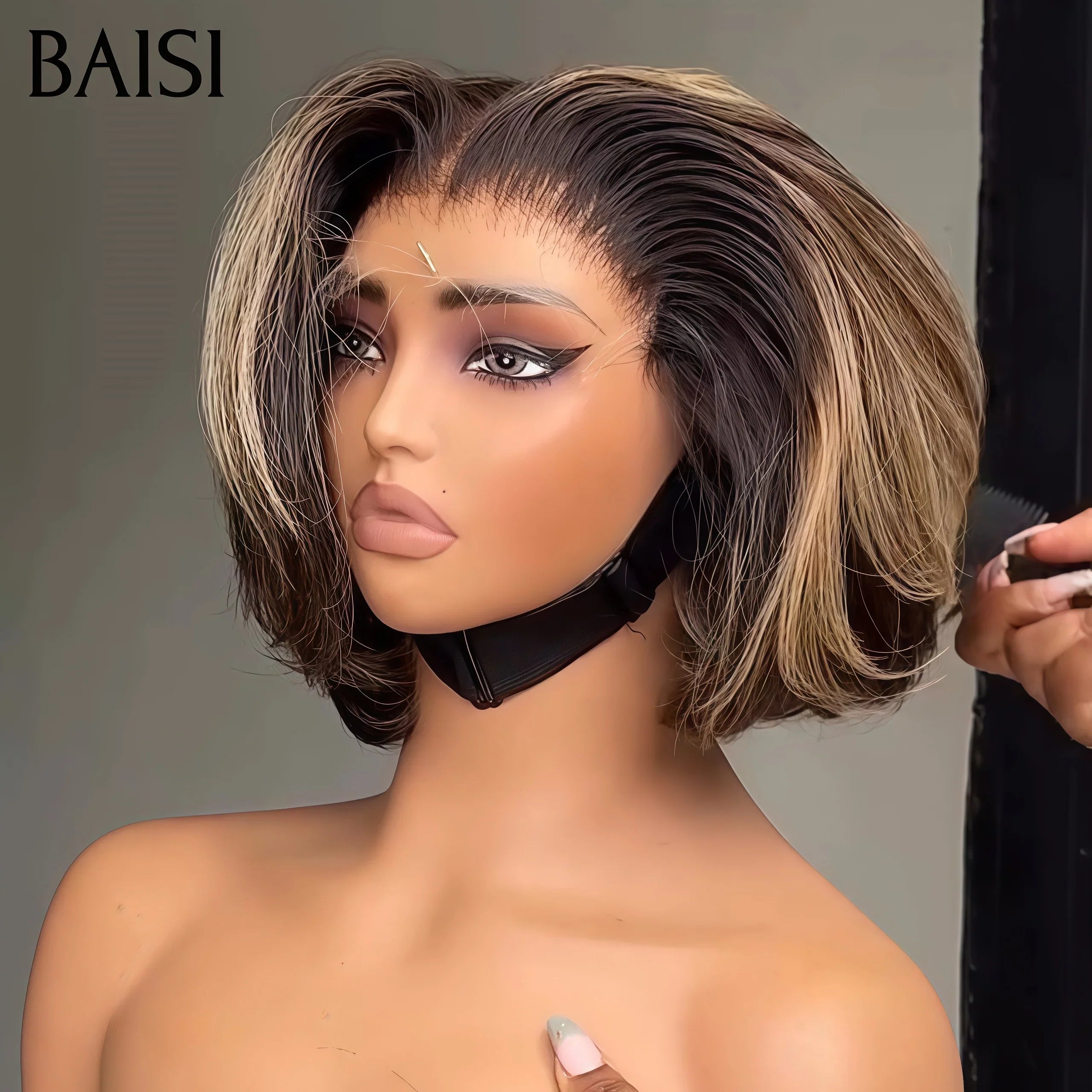 BAISI Achetez 2 perruques minimum au prix d'usine fournisseur 13X4 Lisse Bob 10 Pouces Mixte ou pixie couleurs mixte 1B#4#613# san colle san lace Fabriquée A La Machine-1087