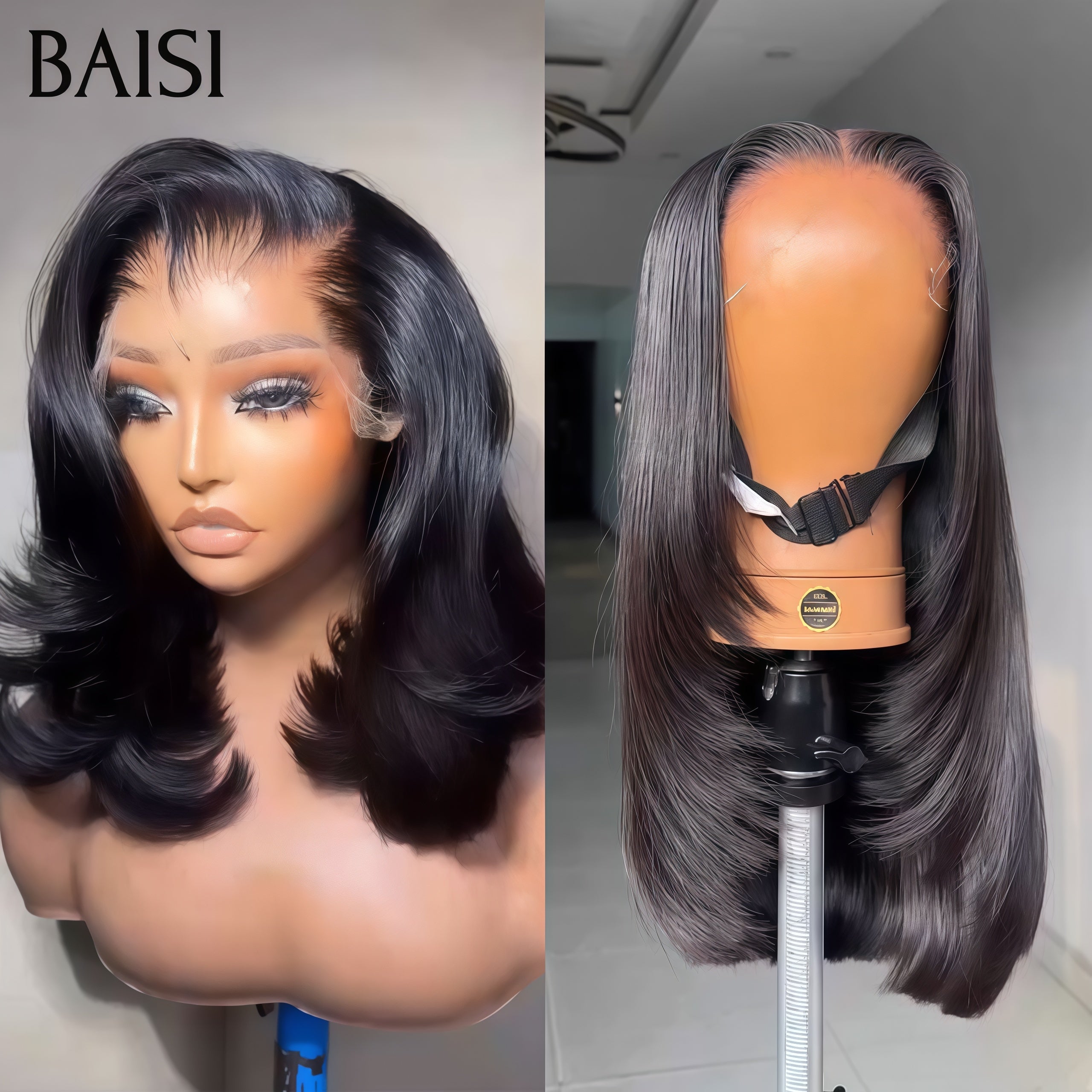 BAISI perruques 69€ 13X4 lace frontal body wave ou lisse bob 14 pouces noir en 100% Cheveux Humains FR38