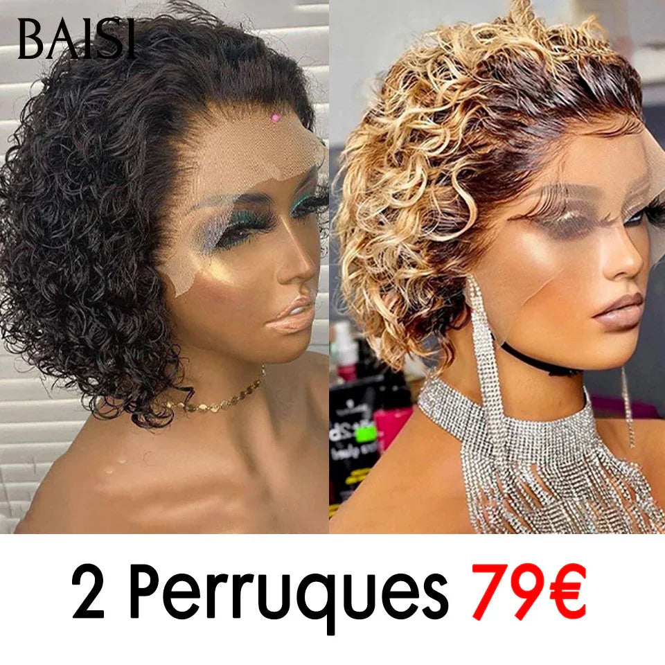 BAISI HAIR FR 2 Perrques 79€ 13X4 lace frontal curly wave noir et Mixte ou Achetez 1 + 1 Gratuite = 136€ bob deep wave avec Frange en couleur 1B et 99J# ou 2 Perruques Pixie 118€ En 100% Cheveux Humains