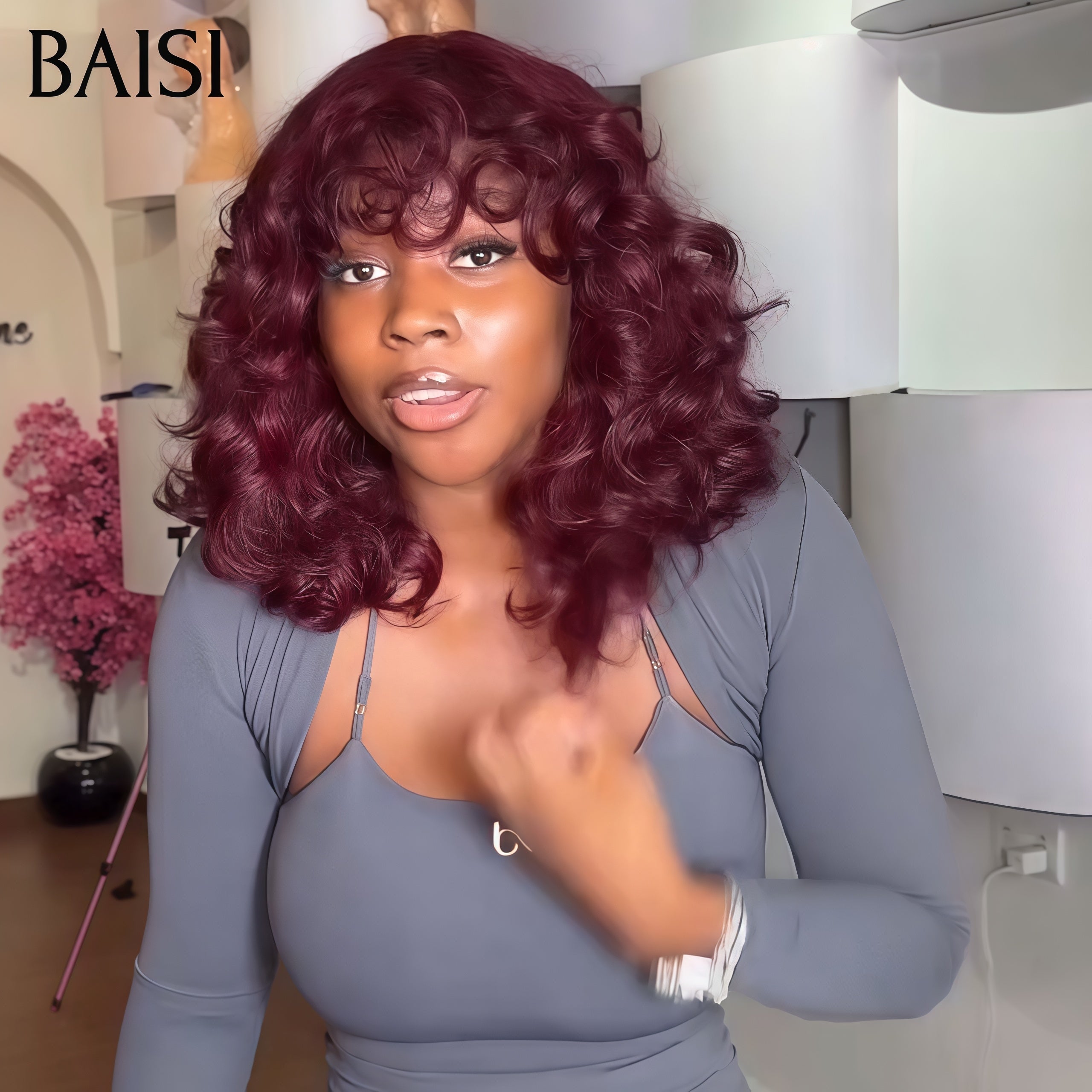 Parrucca BAISI senza colla senza pizzo riccia a uovo marrone e bordeaux in capelli umani al 100% FR20