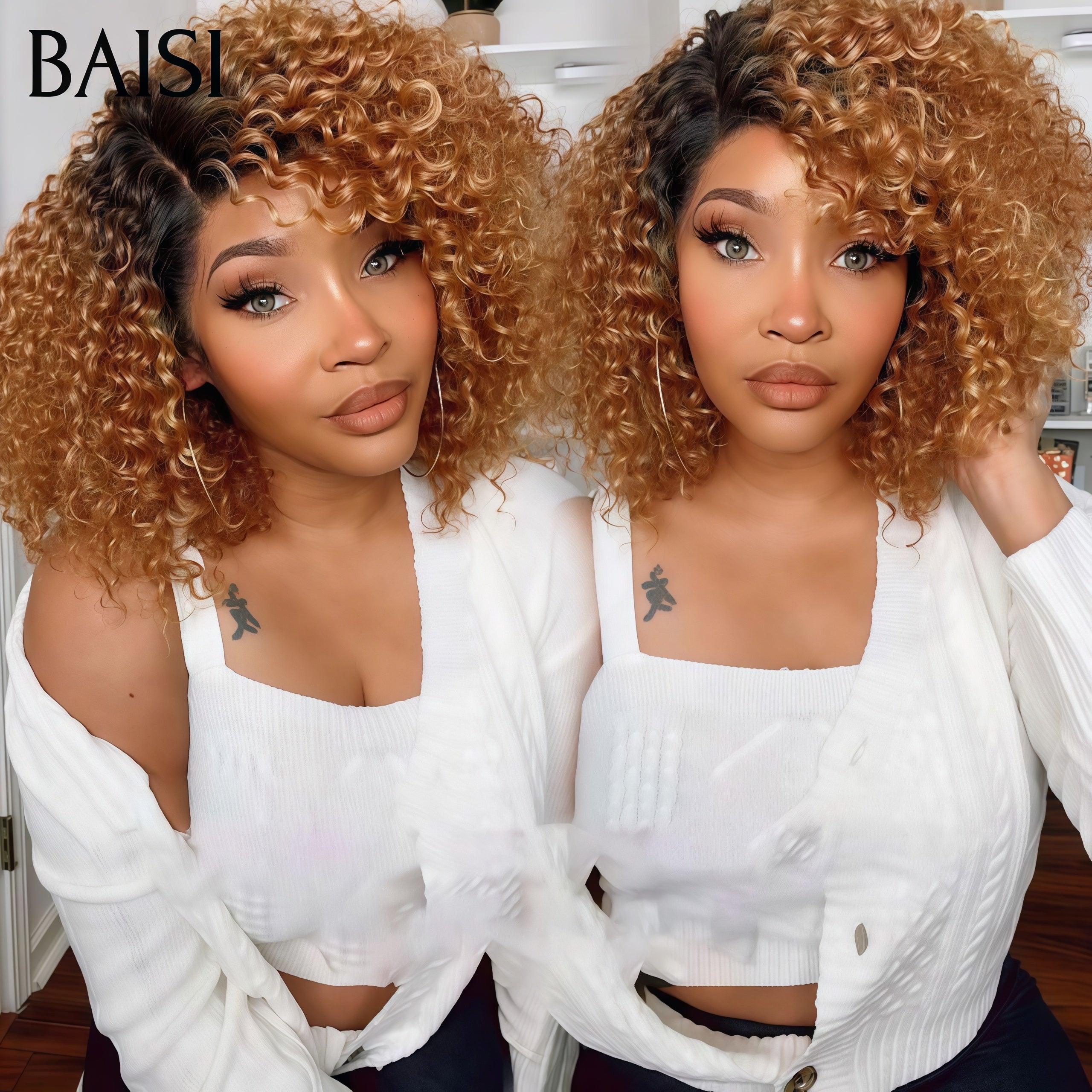 BAISI 2 Perruques pour revendre T-part lace afro curl 1BT30# 12 Pouces ou 4X4 lace Lisse NOIR 10 Pouces 200% densité en 100% vrais cheveux humains FR20
