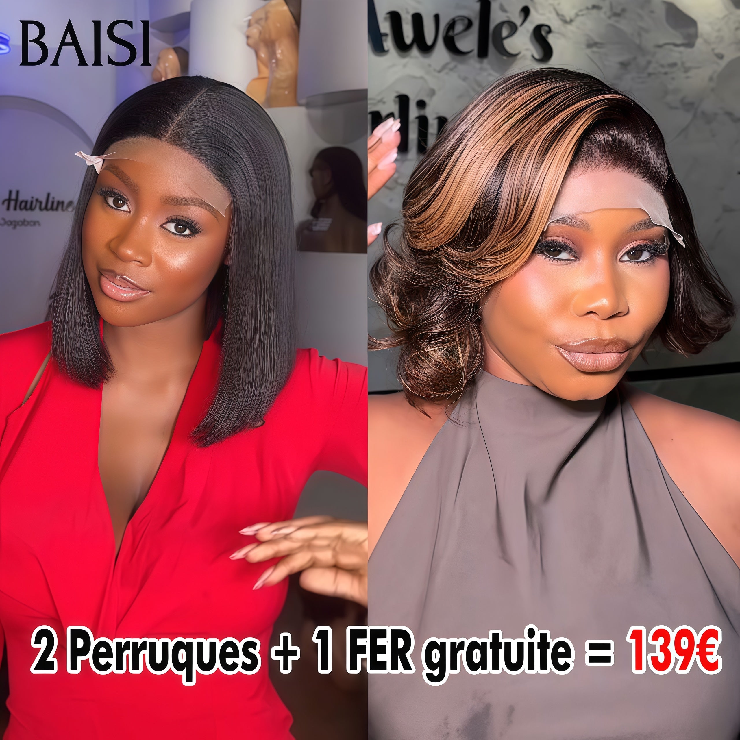 BAISI 2 Perruques + 1 FER gratuite = 139€ Perruques Conbinée A Prix Abordable Pour Trois 4x4 lace closure 8 Pouces et egg wave Mixte 100% cheveux humains