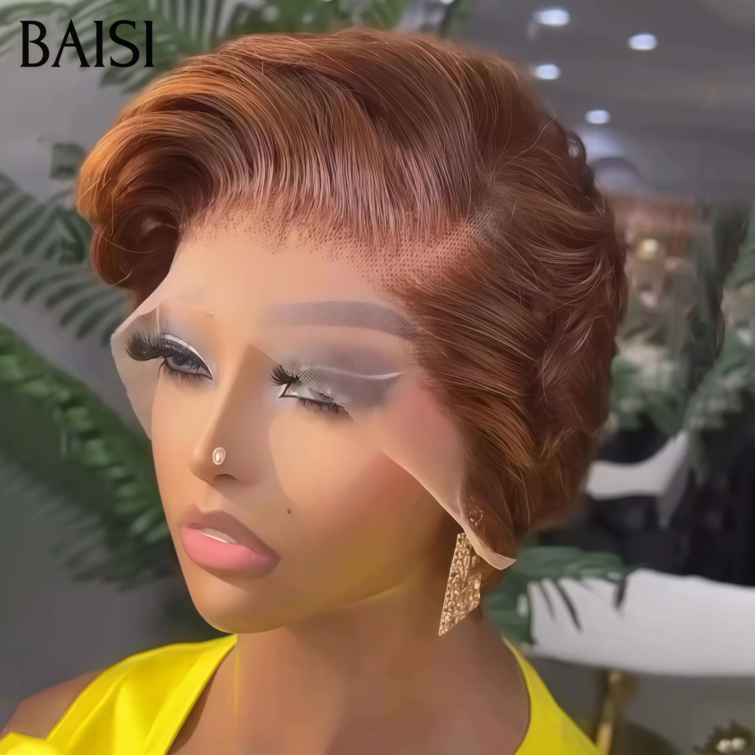 BAISI perruque 13X4 lace frontal Pixie Marron 59€ ou 3 Perruques 159€ 4X4 bouclé water wave 99J# 14 Pouces ou 13X4 pixie 2 Couleurs en 100% Cheveux Humains MP50