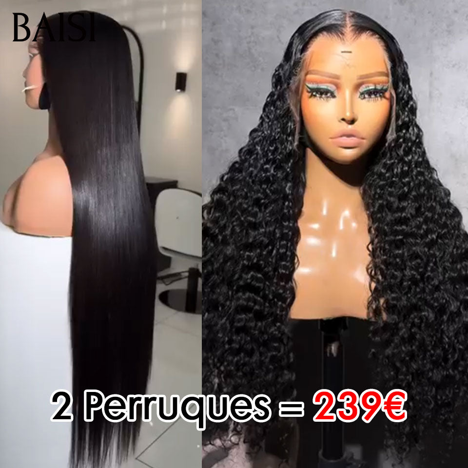 BAISI 2 perruques 239€ lace frontal 26 Pouces curly wave et Lisse ou 2 Perruques 350€ 4X4 lace Lisse 26 Pouces et curly wave 26 Pouces NOIR 200% densité en 100% Cheveux Humains BS65