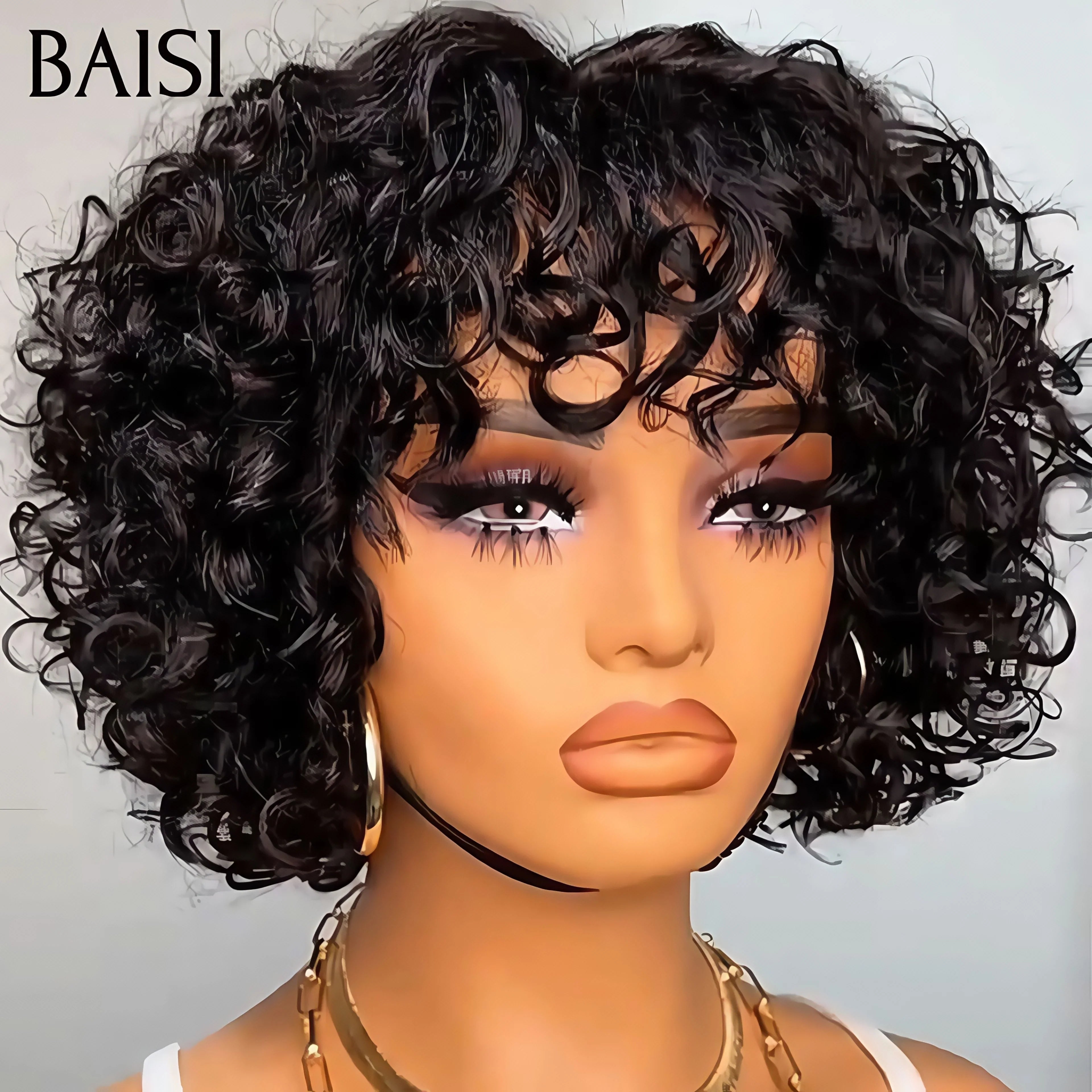 BAISI bouclé Wave avec Frange sans Colle 66€ ou 5X5 Perruque pixie Vague curly En Couleur Noir et Miel 1B-27# 95.99€ en 100% Cheveux Humains