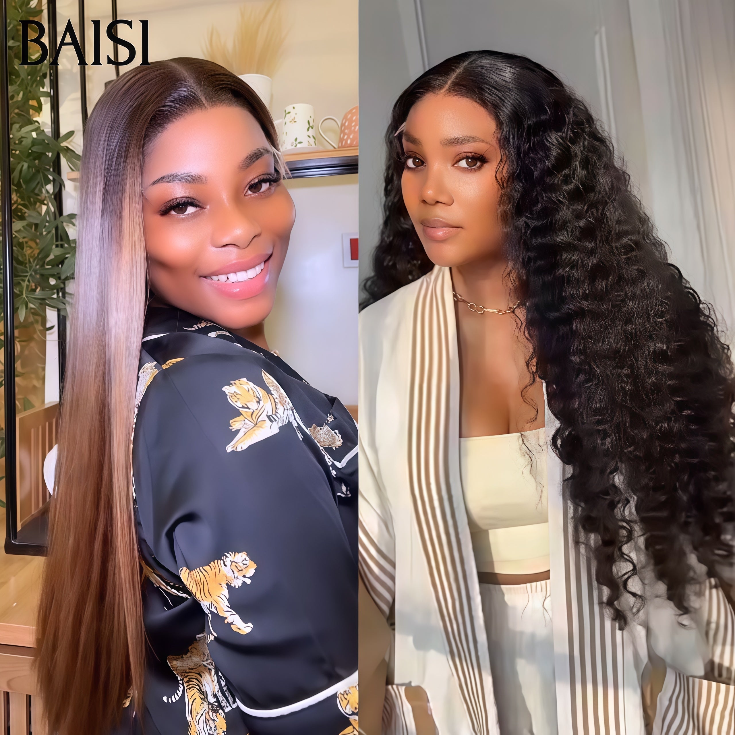 BAISI Lot de 2 perruques PROMOTION 189€ 13X4 lace frontal Lisse Marron Mixte Miel et curly wave 20 Pouces 100% vrais cheveux humains