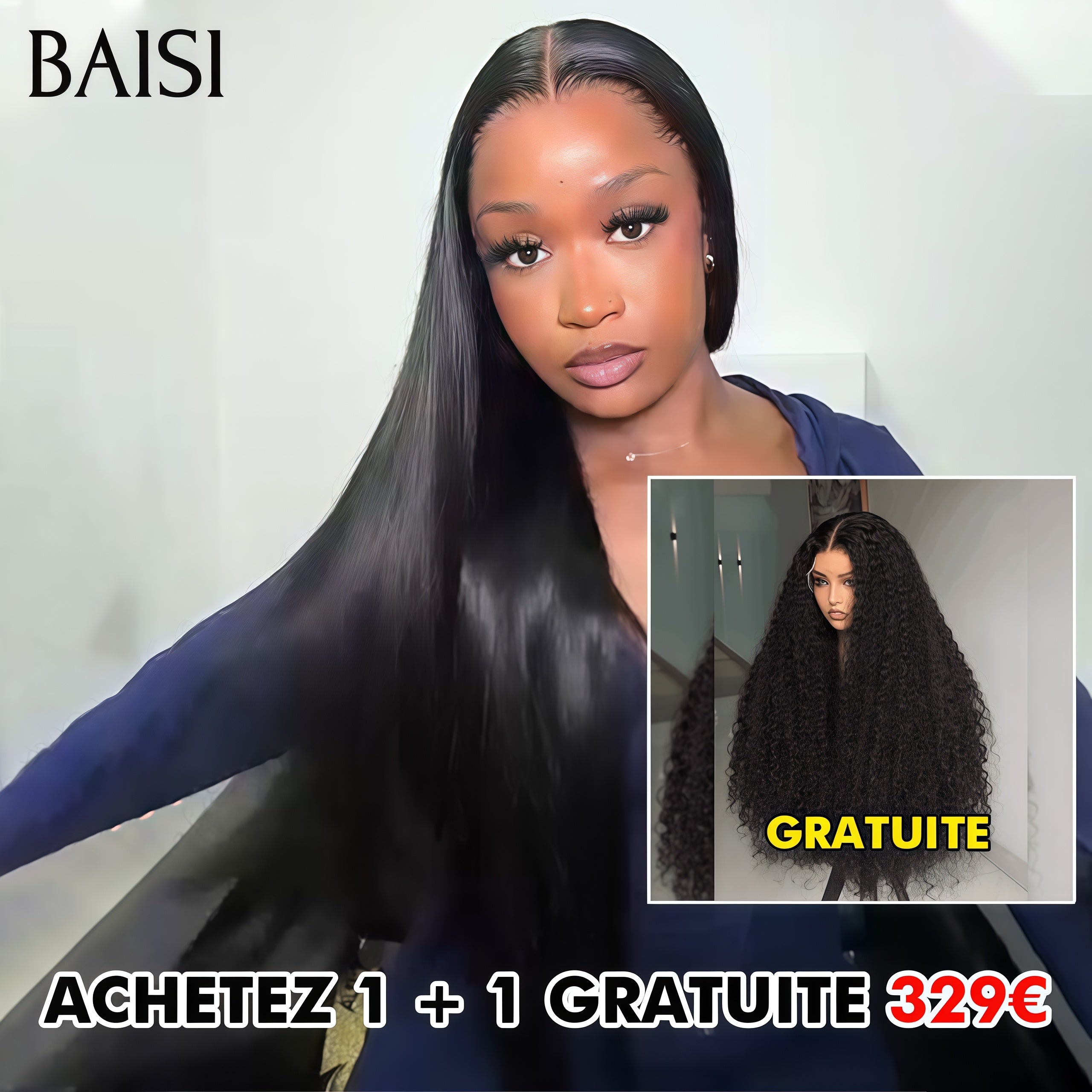 BAISI vente flash Achetez 1 + 1 Gratuite 329€ 13x4 lace Lisse et curly wave 100% vrais cheveux humains PROMOTION PRIX EN GROS CODE: FR20