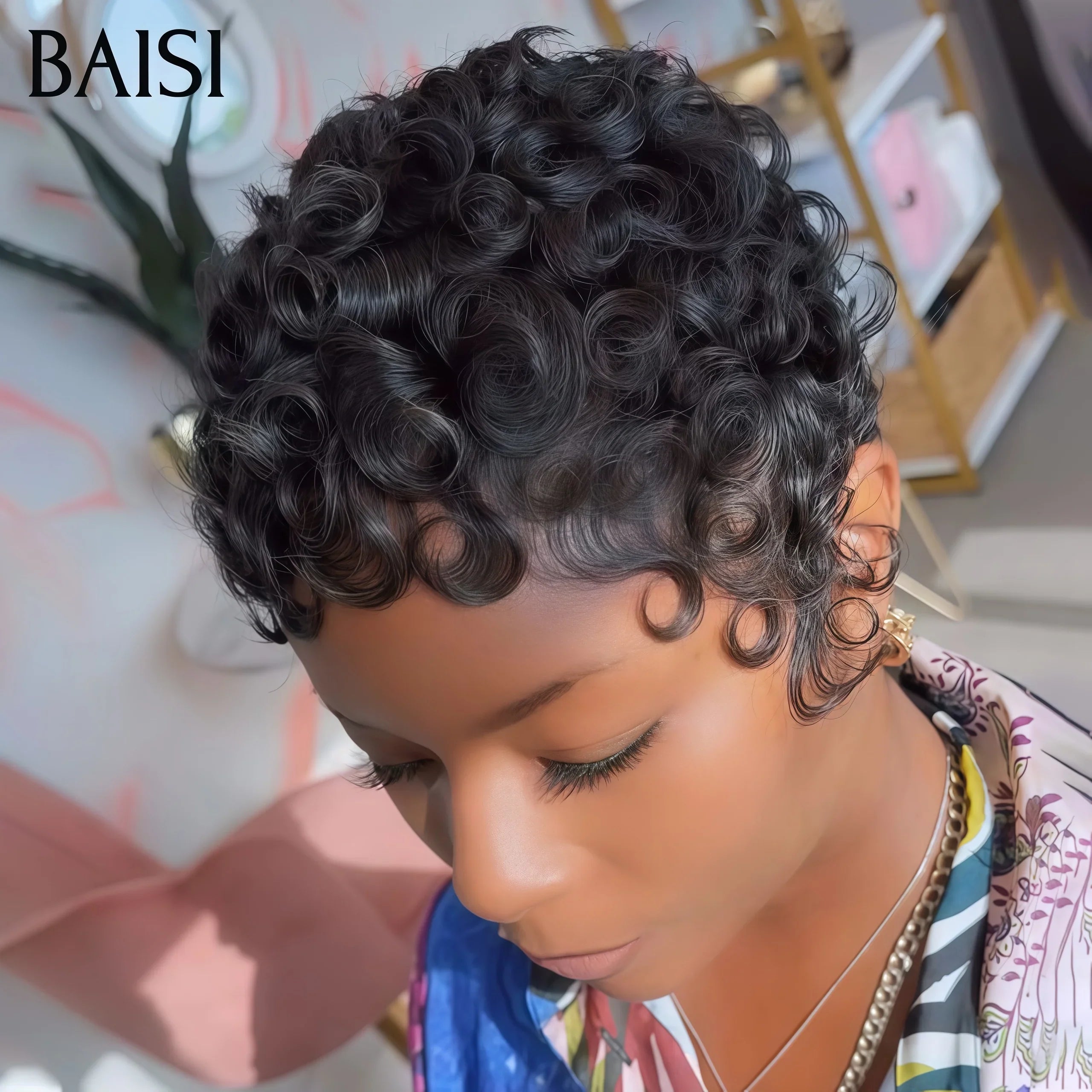 BAISI Achetez 2 perruques minimum au prix d'usine fournisseur en France TVA 0€ 48H arrivé Petit Perruque pixie finger wave ou curly wave en 100% Vrais Cheveux Humains (Pas Besoins De Code)