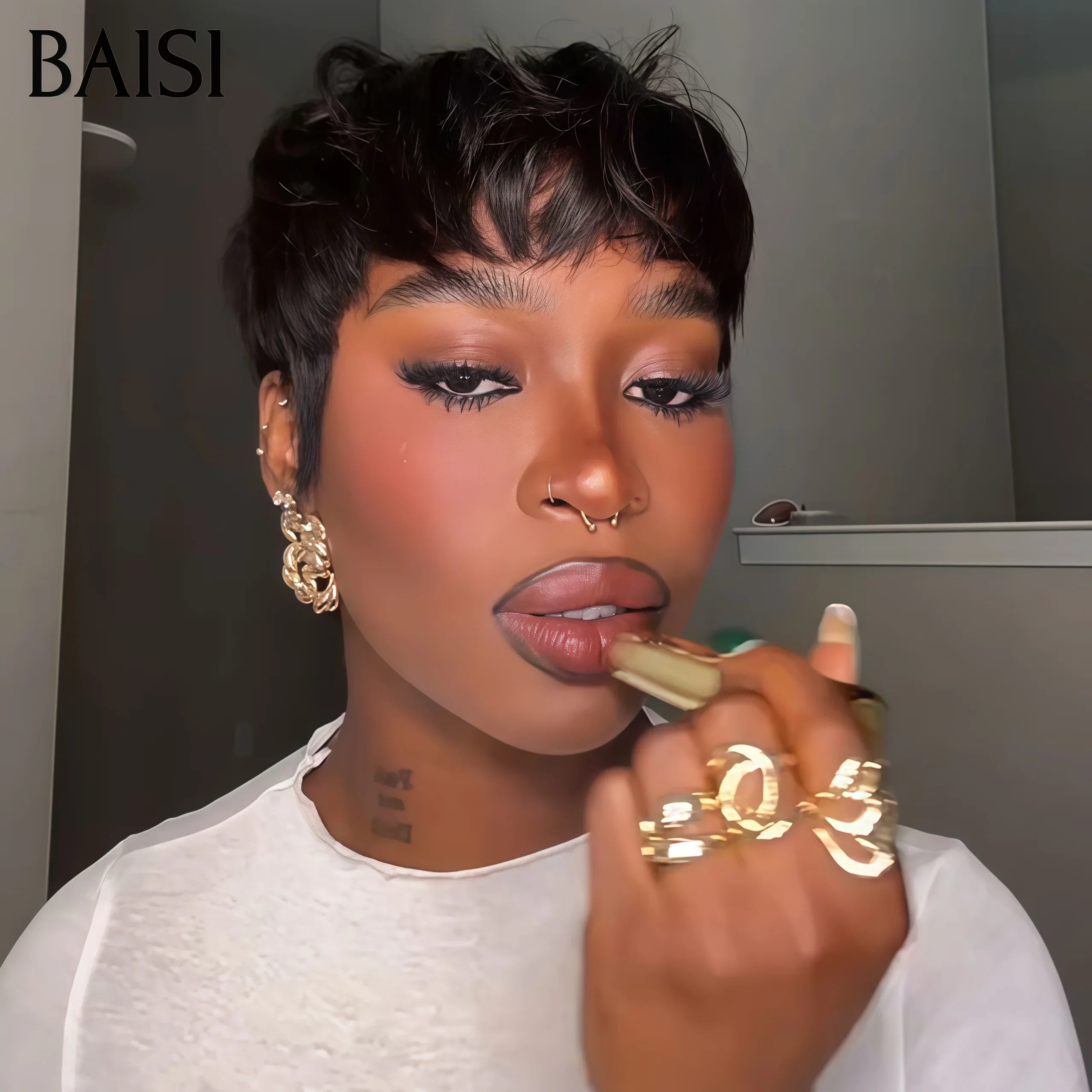 BAISI Perruque Lisse NATUREL Pixie à la mode moitié prix 47€ sans Colle en 100% Cheveux Humains MP50