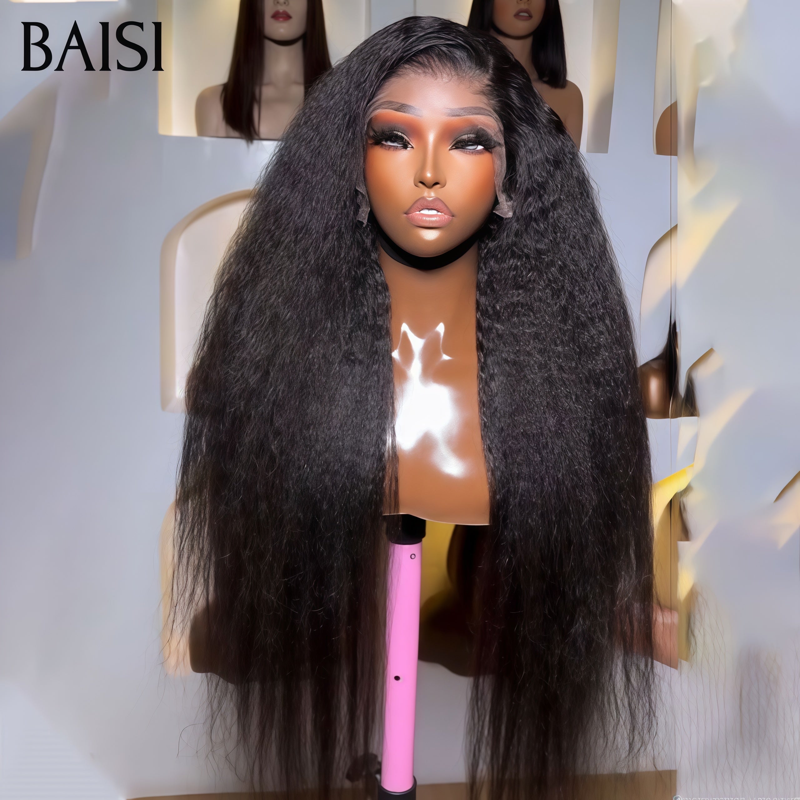 BAISI Promo Cadeaux Perruque 13x4 lace frontal Kinky Straight Noir + 1 Bonnet + 1 Fer Gratuit VIP100