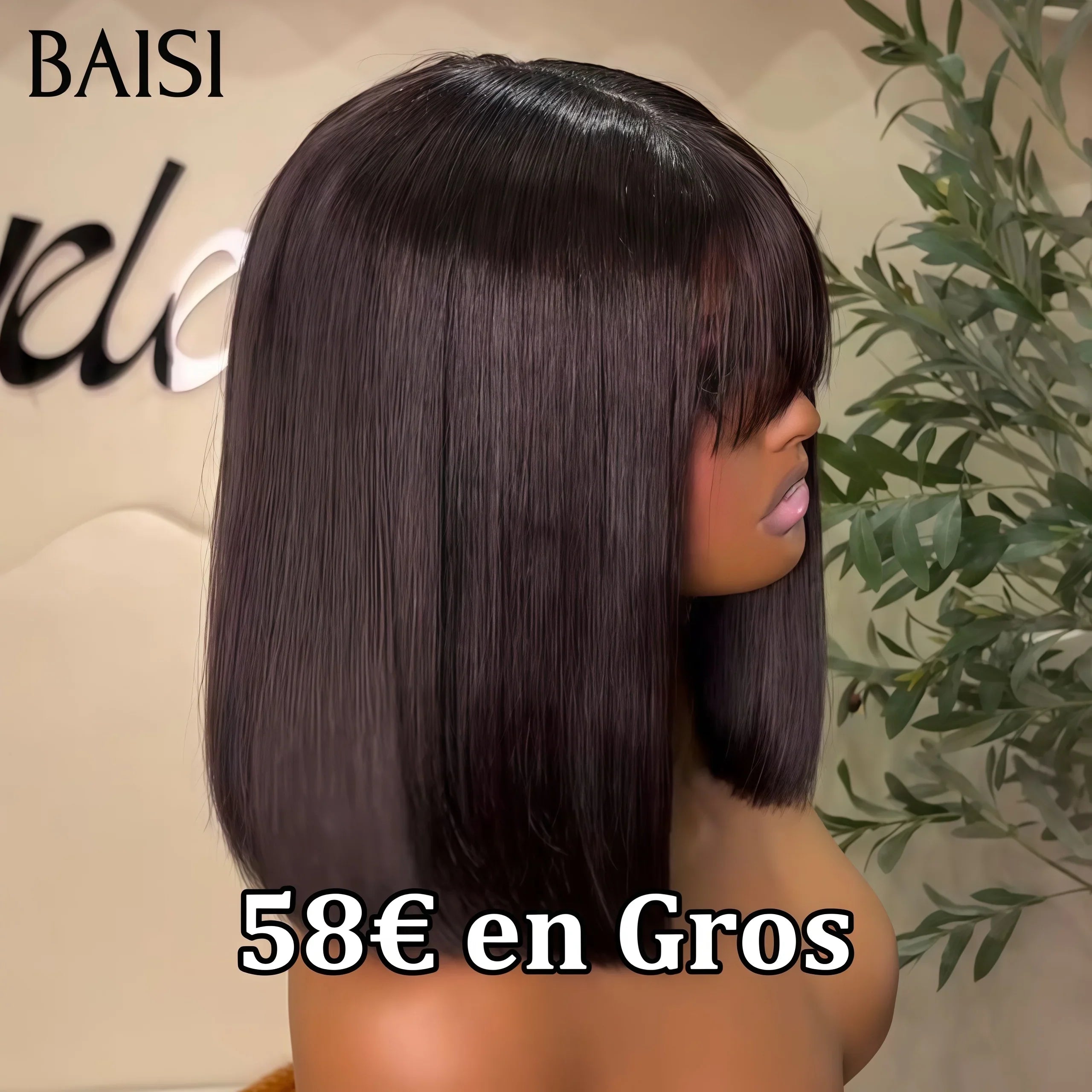 BAISI Achetez 2 perruques minimum au prix d'usine fournisseur 2X4 lace Lisse Bob avec Frange ou 13x4 Lace Frontal Perruque 065C Egg Wave en Noir en 100% Cheveux Humains