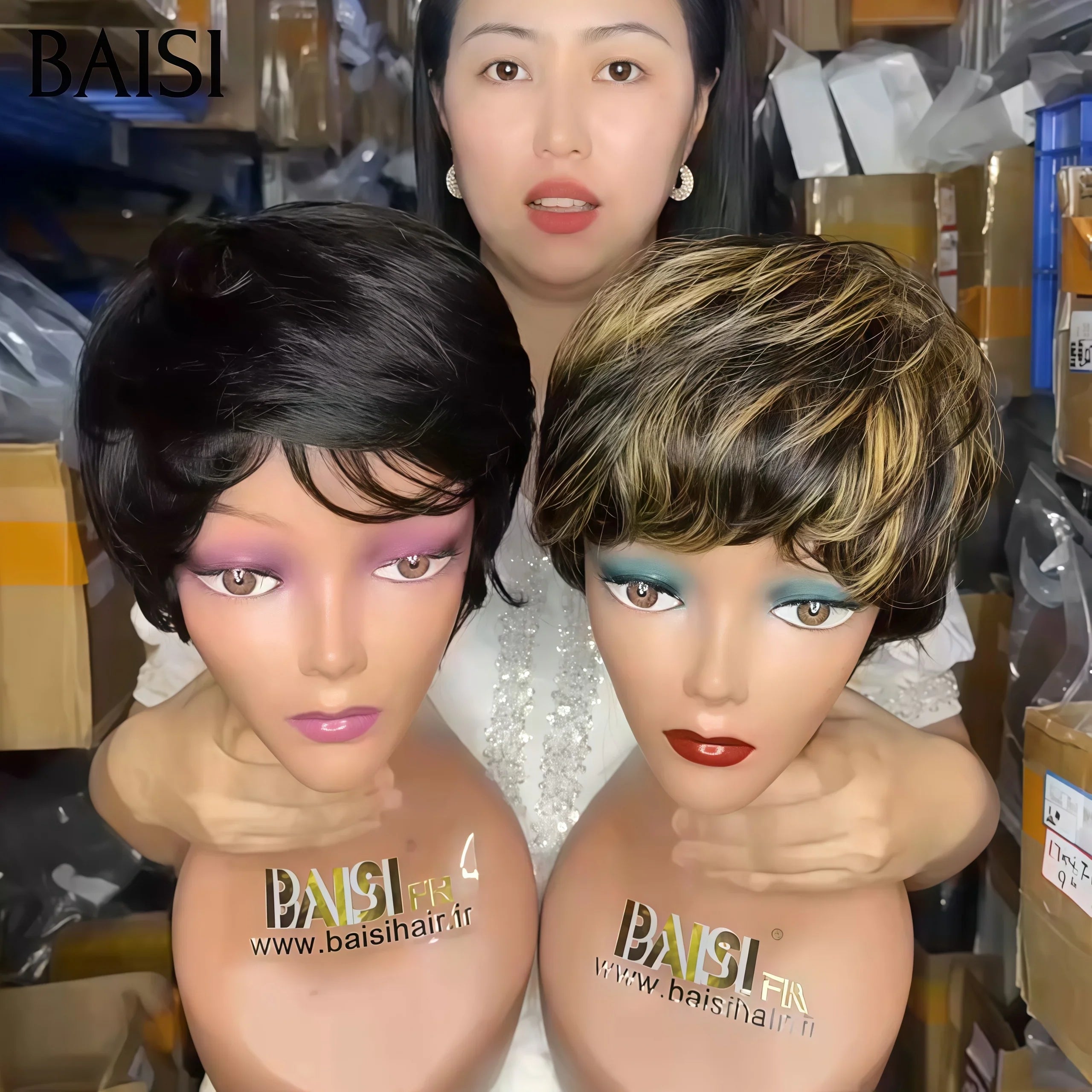 BAISI 2 perruques Flash Offer 50€ Vente en gros pixie lisse Fabriqué à la Machine en couleur 1B30# ou 1B# en 100% vrais cheveux humains