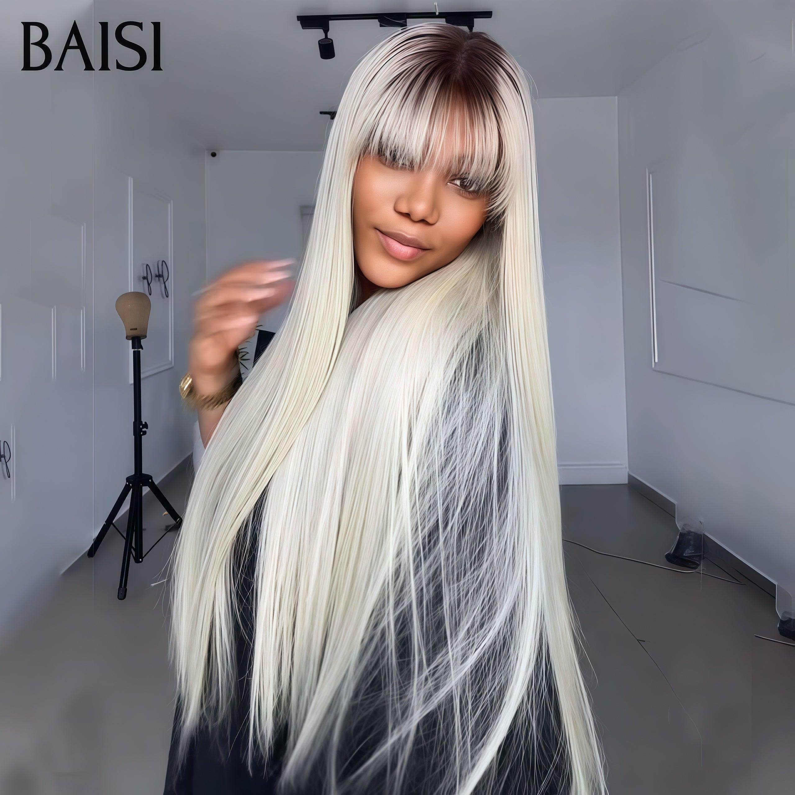 BAISI Perruque Lisse En Couleur Claire 4T70# avec Frange 2 types 100% CHEVEUX HUMAINS