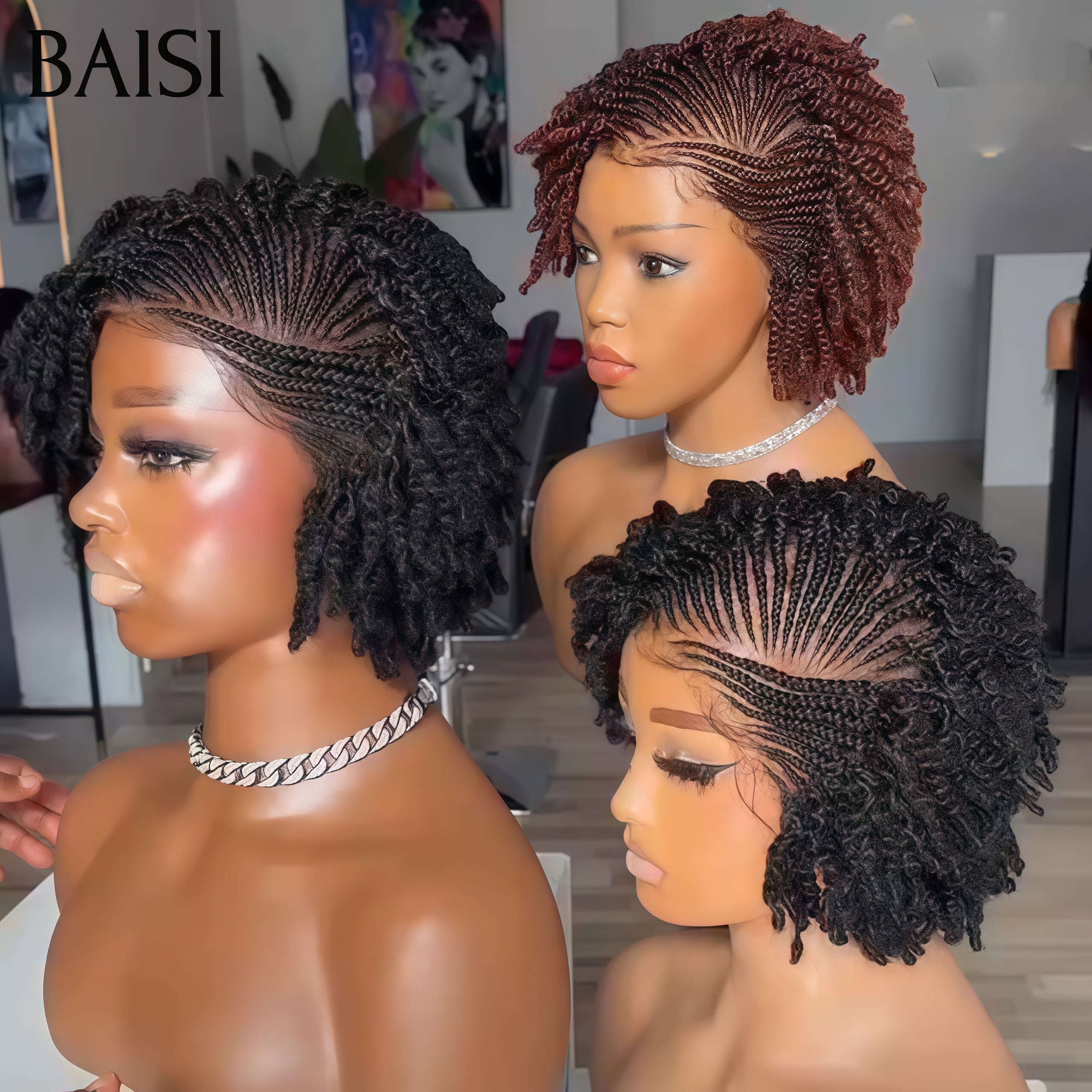 BAISI Nouveautés Full lace avec coiffure tressée natte Perruque NOIR ou Marron 100% comme la photo en 100% Cheveux Humains