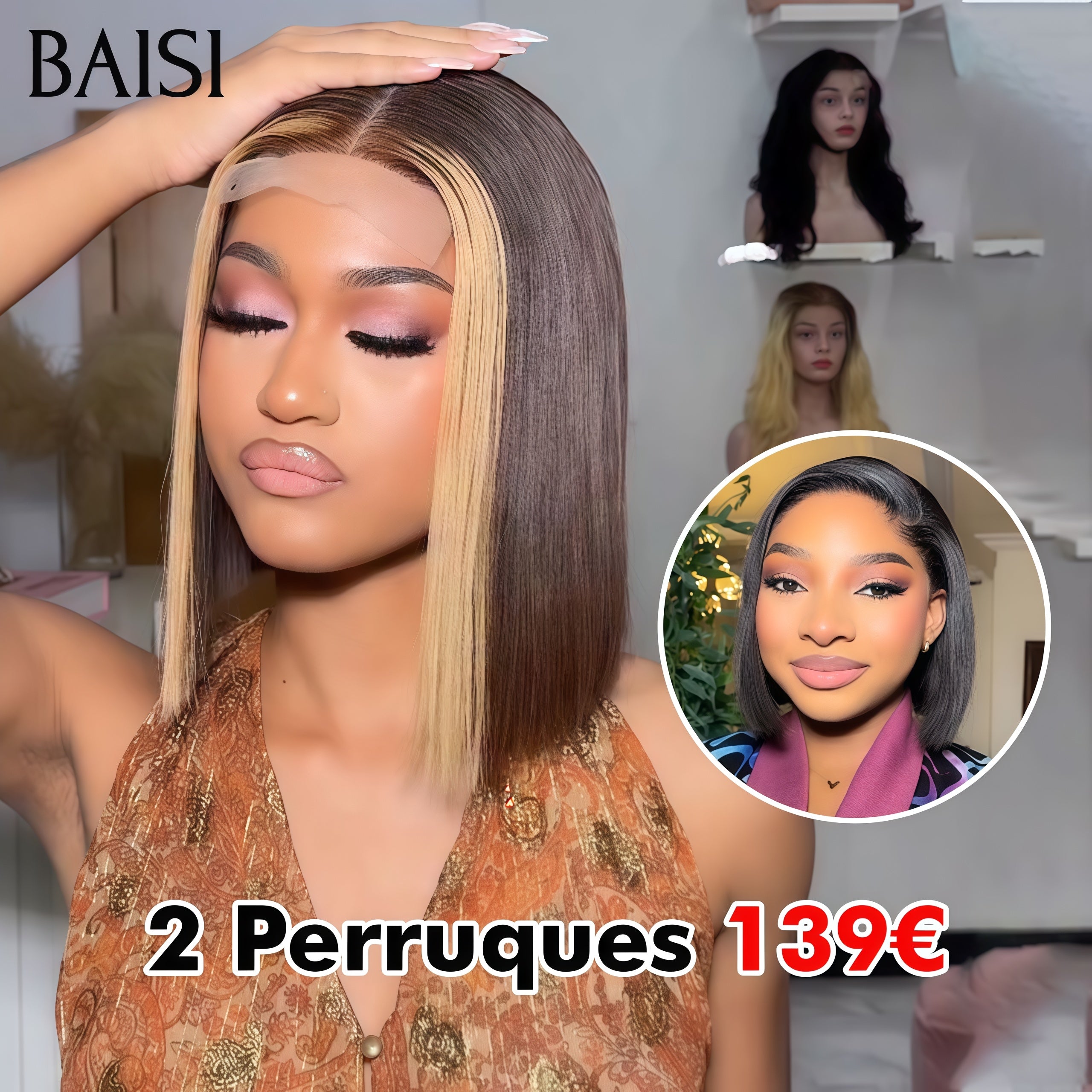 BAISI vente flash 2 perruque 139 euro lisse bob ou 4X4 lace 8 Pouces noir 65€ en 100% vrais cheveux humains