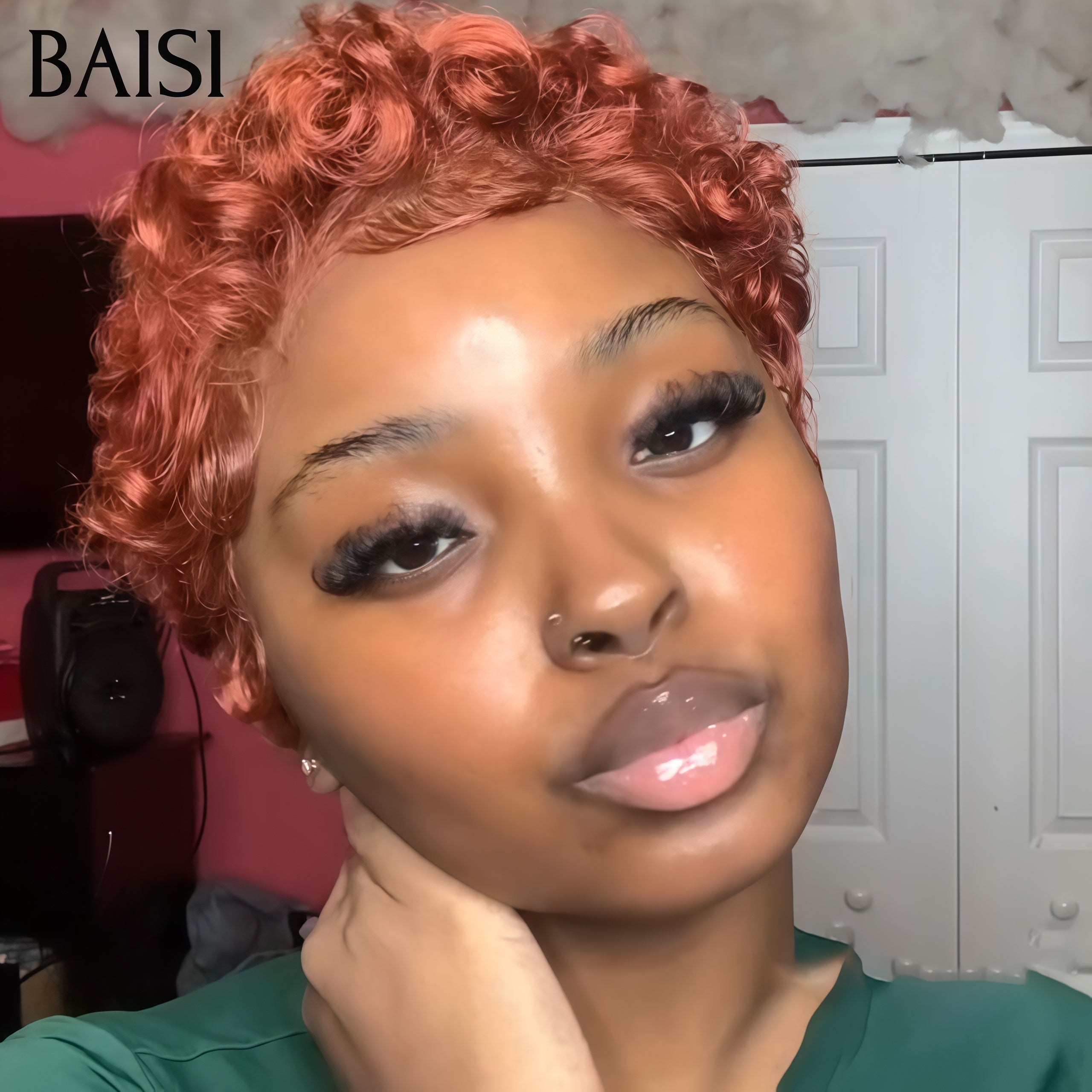BAISI Pixie Cut Lace Frontal 13x4 Curly orange 58€ ou #1B99J Bordeaux 76€ en 100% Vrais Cheveux Humains D