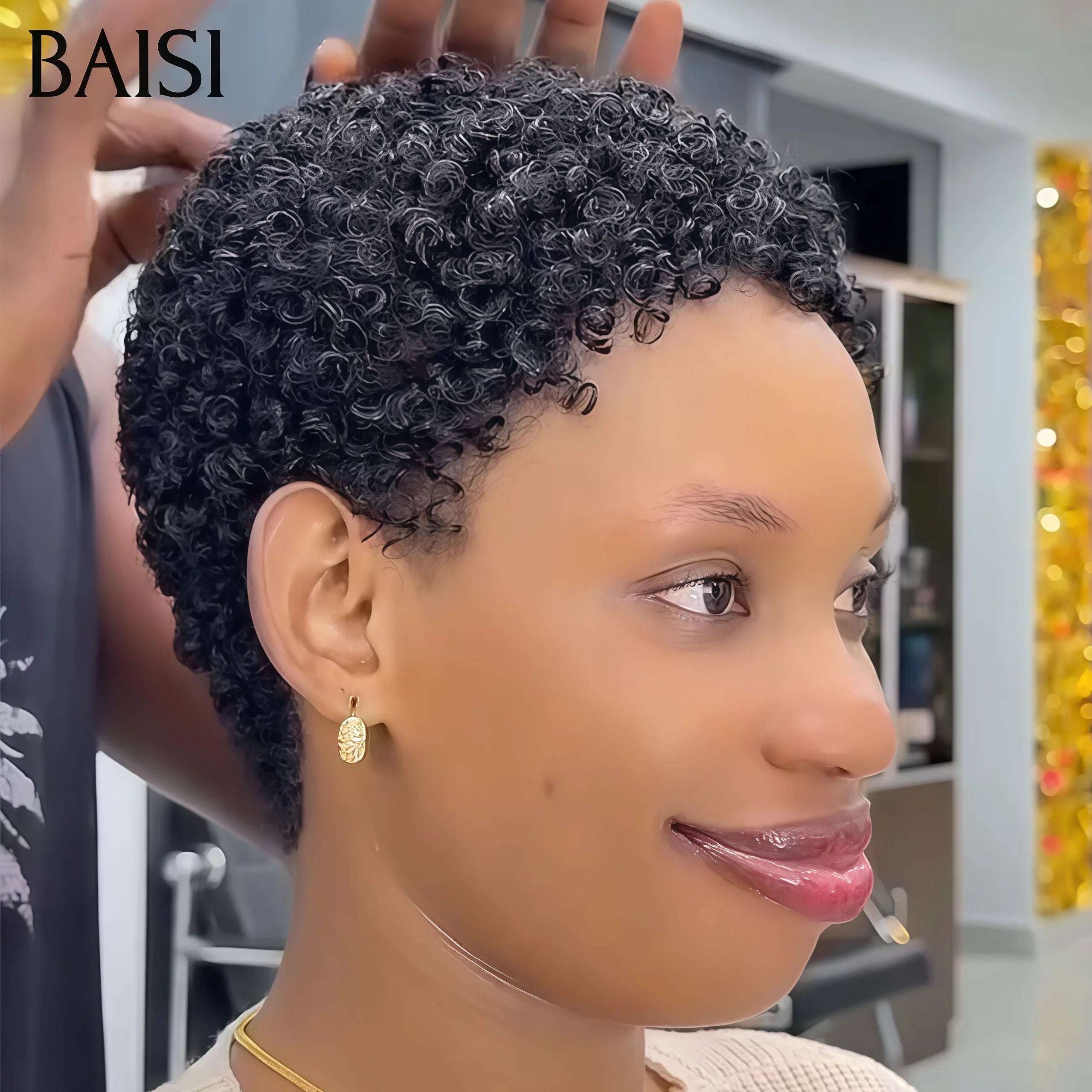 BAISI Pixie Afro curly sans Colle Fabriqué à la Machine afro curl 58€ ou Cut Lace Frontal 13x4 Curly Noir 70€ en 100% Vrais Cheveux Humains D