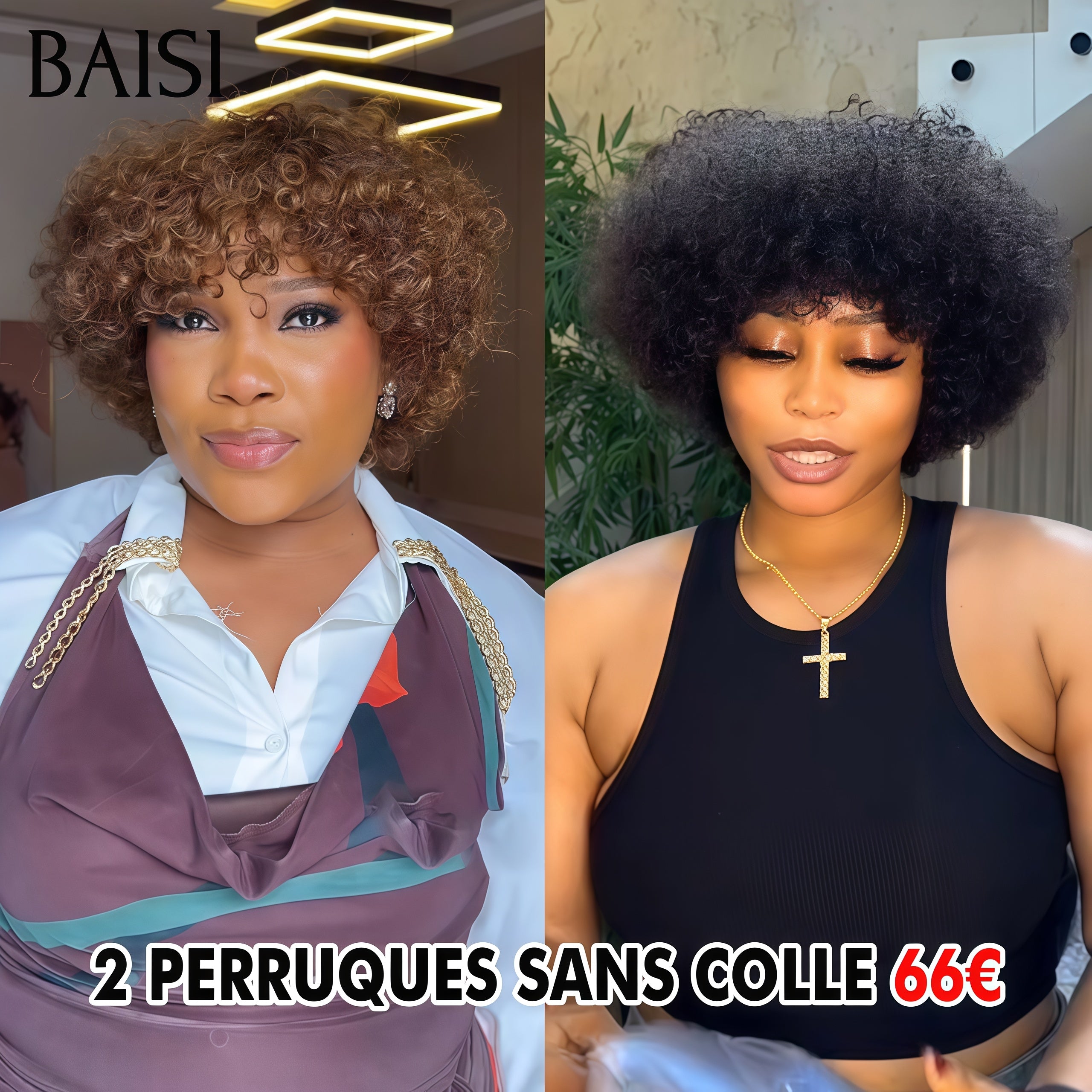 BAISI Promo Limitée 2 Perruques Sans Colle 66€ curly wave pixie NOIR et mixte en 100% vrais cheveux humains