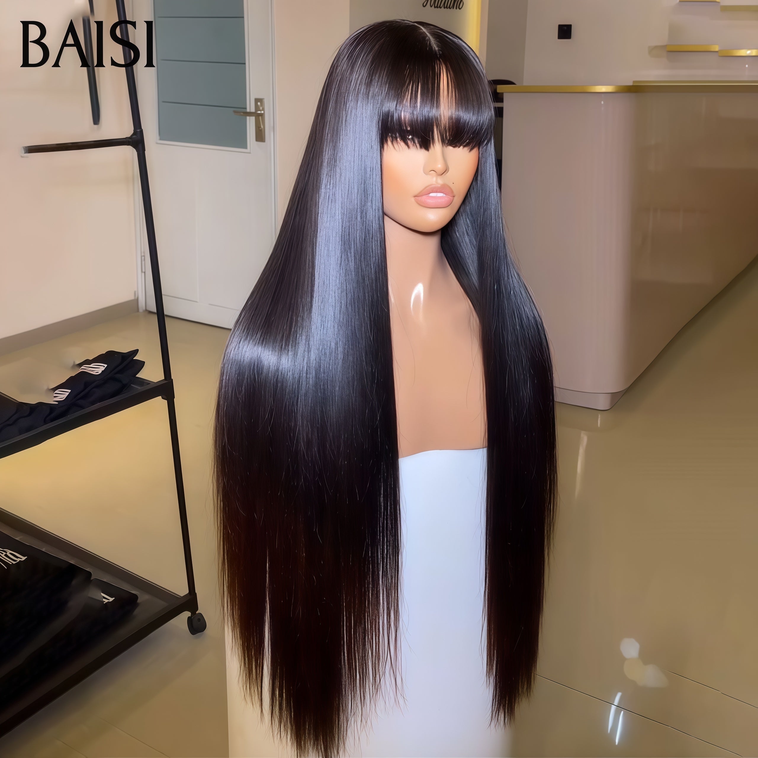 BAISI 13X4 lace frontal lisse avec Frange NOIR ou PERRUQUE Lisse Marron #4 FRANGE FABRIQUÉ À LA MACHINE