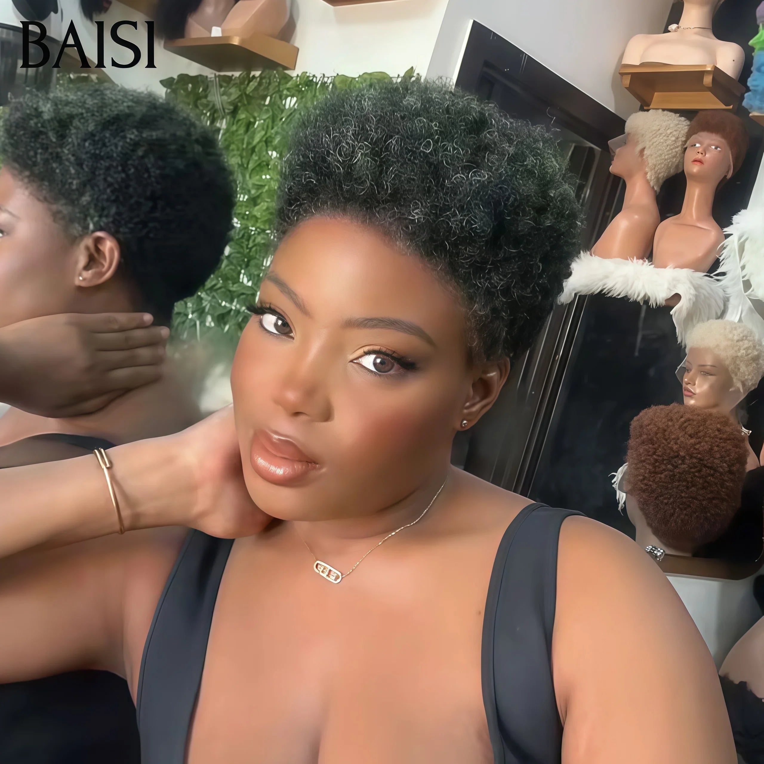 BAISI Collection Perruques Pixie Afro Curly NOIR 58€ Sans Colle Coupe vibrante Fabriqué à la Machine en couleur vert ou Avec Frontale 68€ en 100% Cheveux Humains