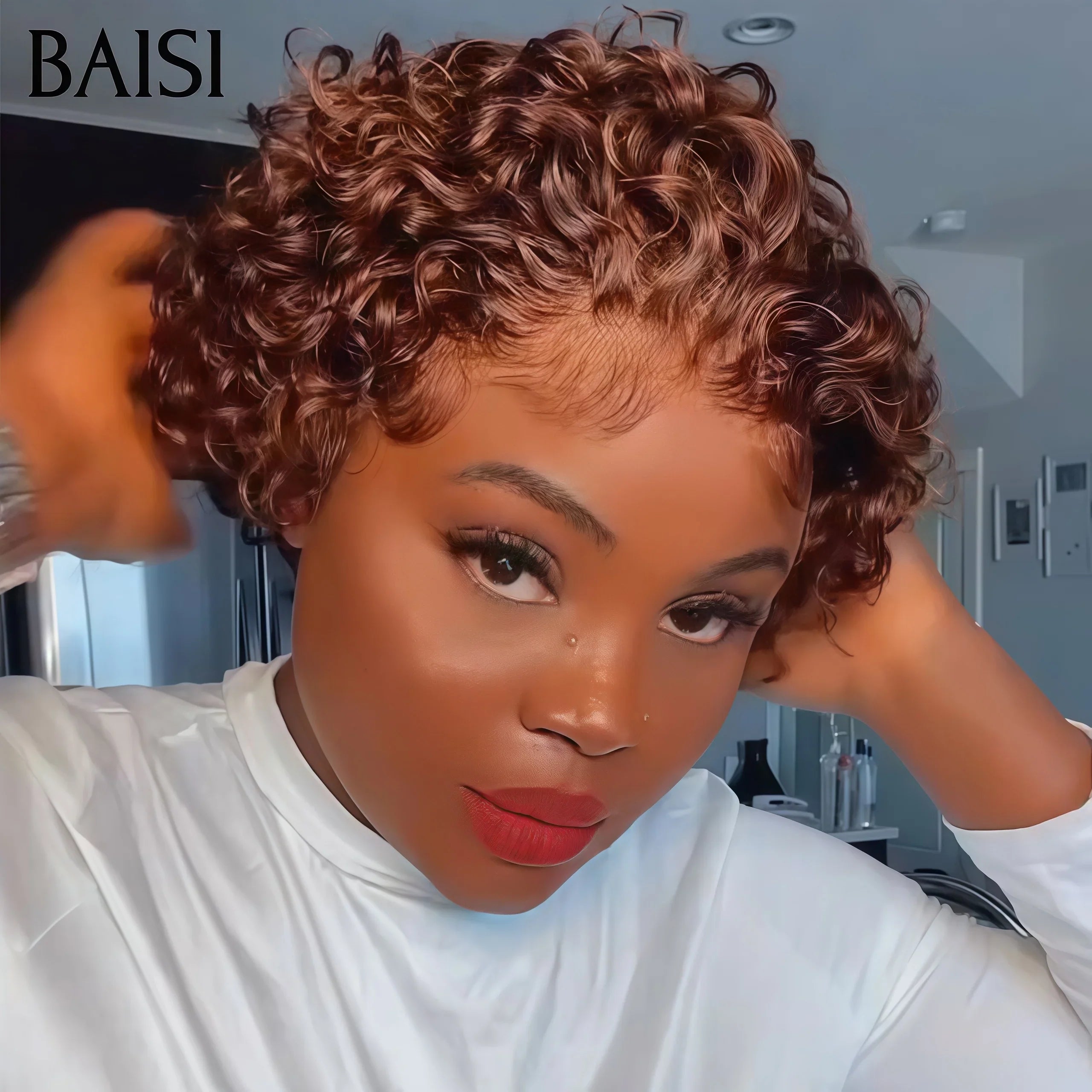 BAISI 13X4 Lace frontal Perruque pixie En Couleur Marron 59€ ou 1B Noir 85€ en 100% Vrais Cheveux Humains