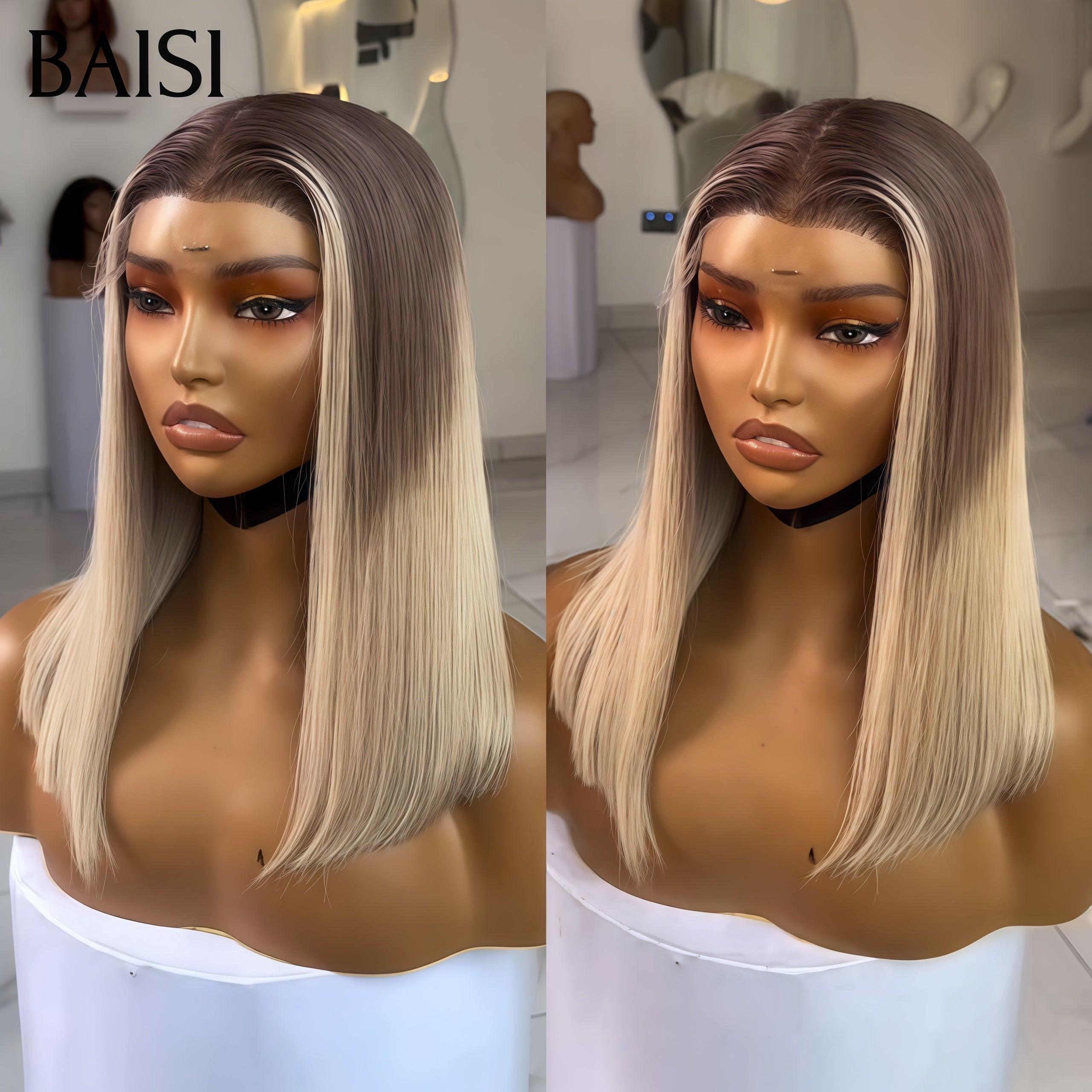 Peluca Bob recta BAISI 13X4 en gris mixto 70# pre-arrancada No necesita pegamento en encaje de cabello 100% crudo ya cortado