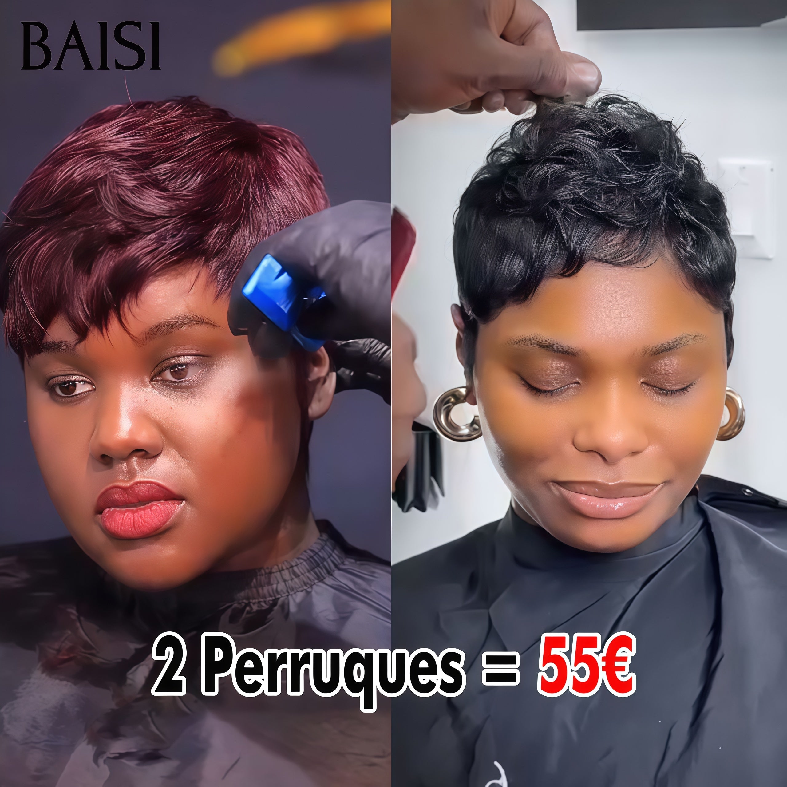 BAISI 2 Perruques = 55€ pixie sans Colle Bordeaux et NOIR ou 2 Couleurs perruques Frontal 246€ en 100% vrais cheveux humains