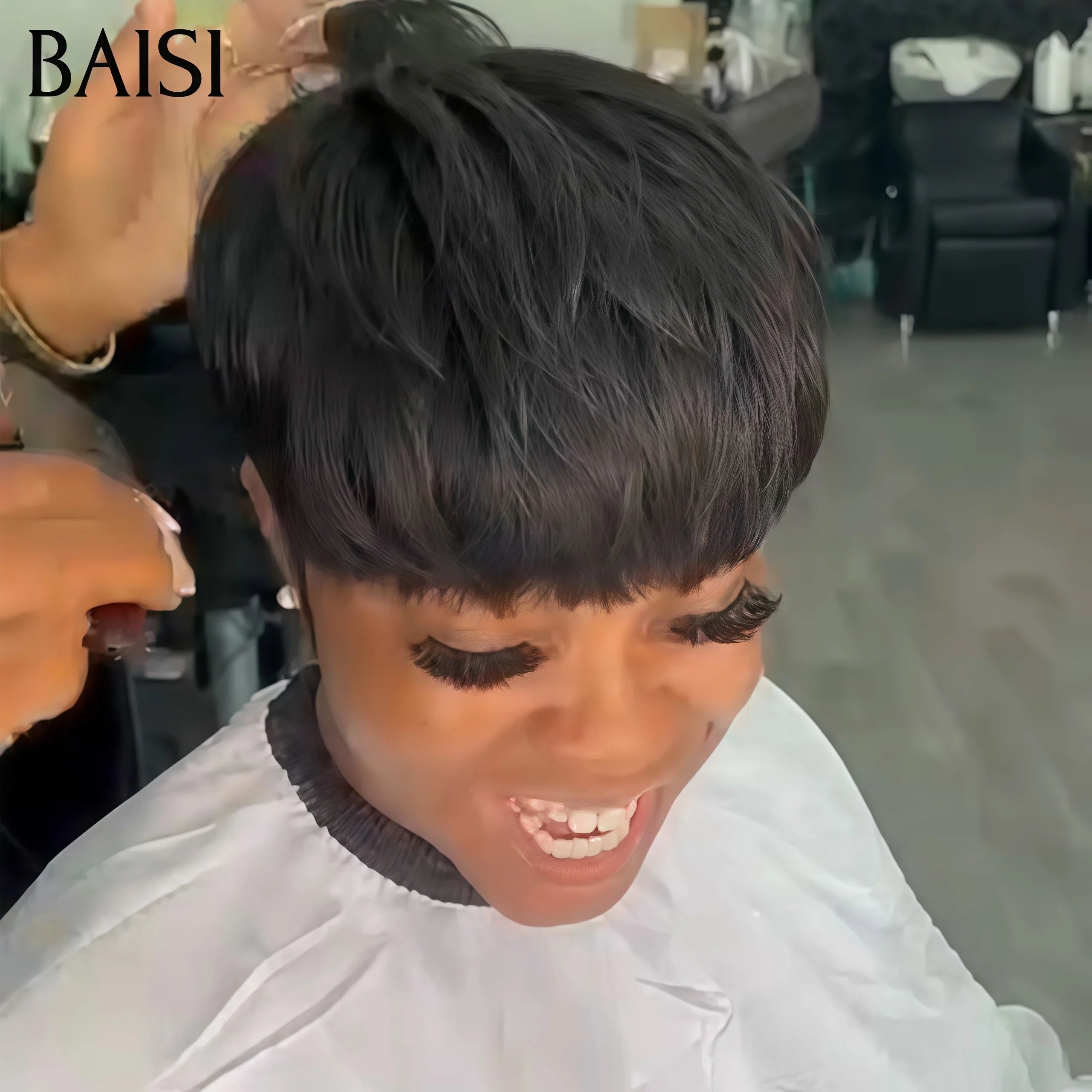 BAISI perruque sans colle sans Colle Fabriqué à la Machine NOIR pixie 58€ ou 13X4 Perruque Pixie Finger Wave petite coupe en Couleur rose 88€ En 100% Cheveux Humains