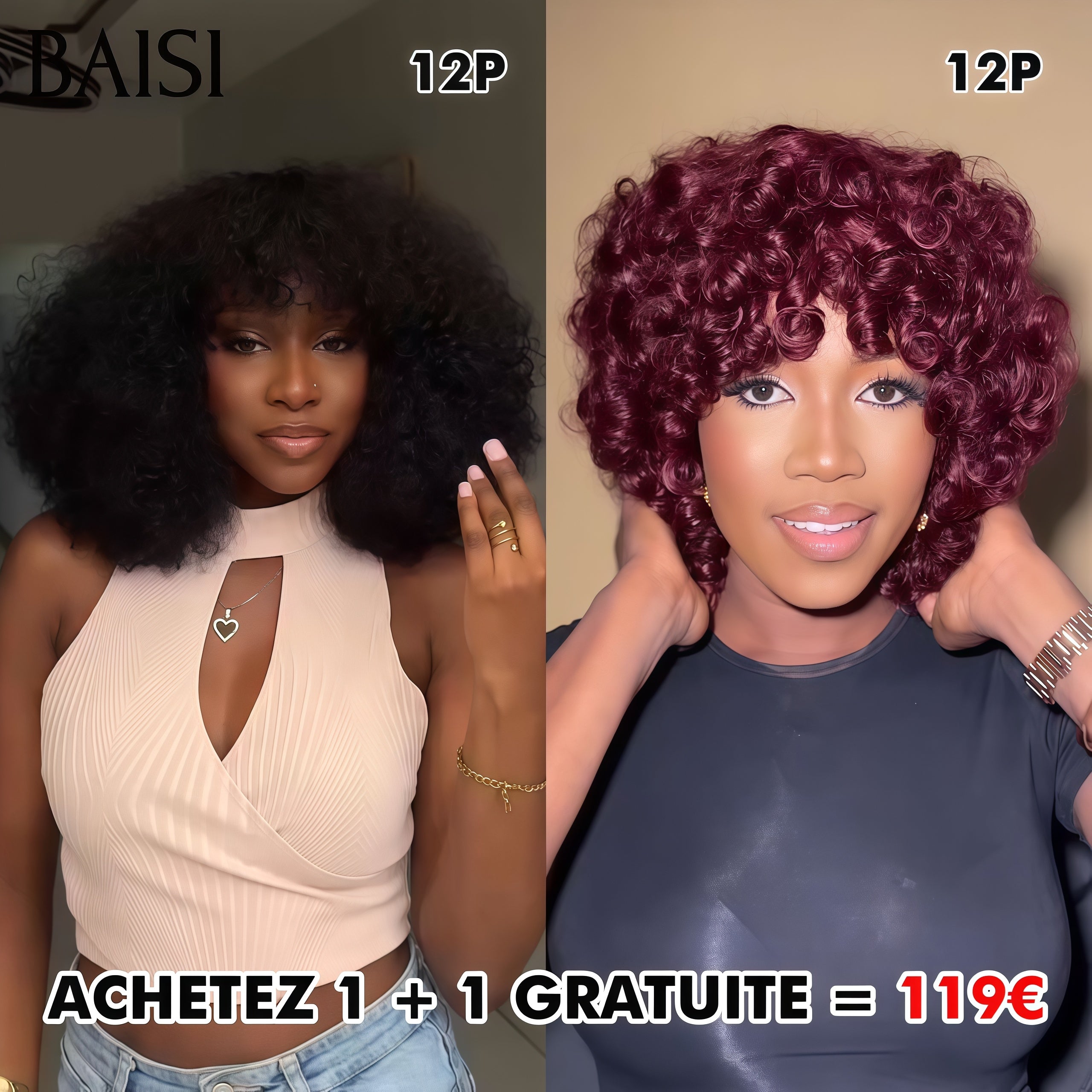 BAISI Achetez 1 + 1 Gratuite = 119€ sans colle water wave avec frange et egg wave 12 pouces à moitié prix 100% Cheveux Humains mp50