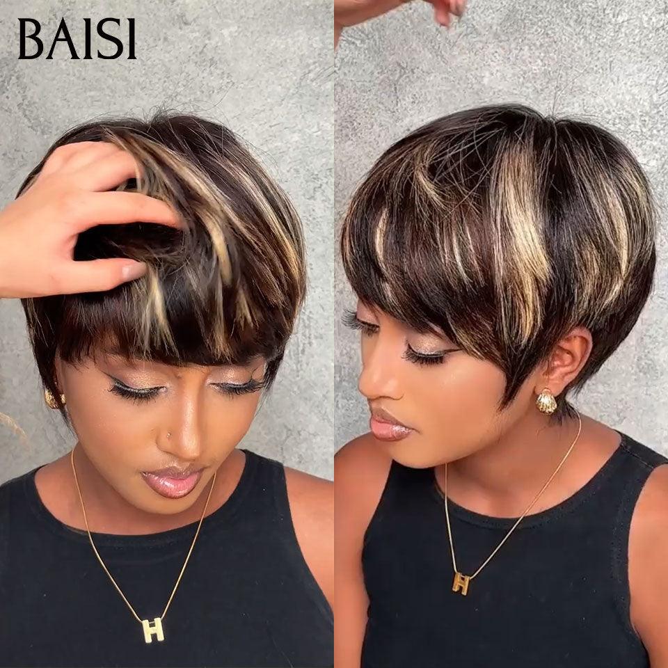 BAISI Perruque Pixie Lisse en couleur Mixte 58€ moitié prix sans colle sans lace 100% Cheveux Humains Fabriqué à la Machine MP50