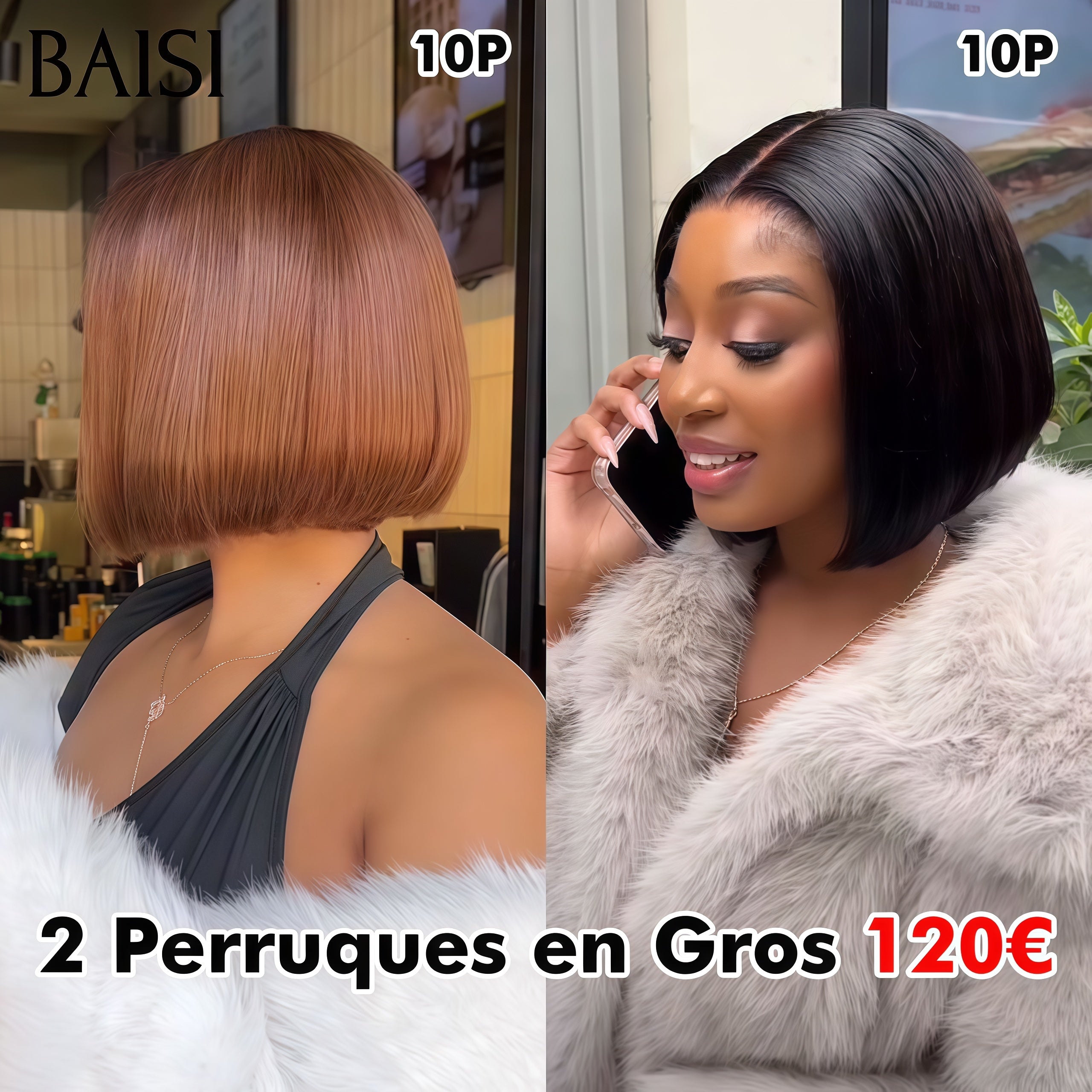 BAISI vente flash 2 perruques en Promo 120€ 4X4 lace Lisse Bob en couleur NOIR et Marron 1BT4# 10 Pouces en 100% vrais cheveux humains
