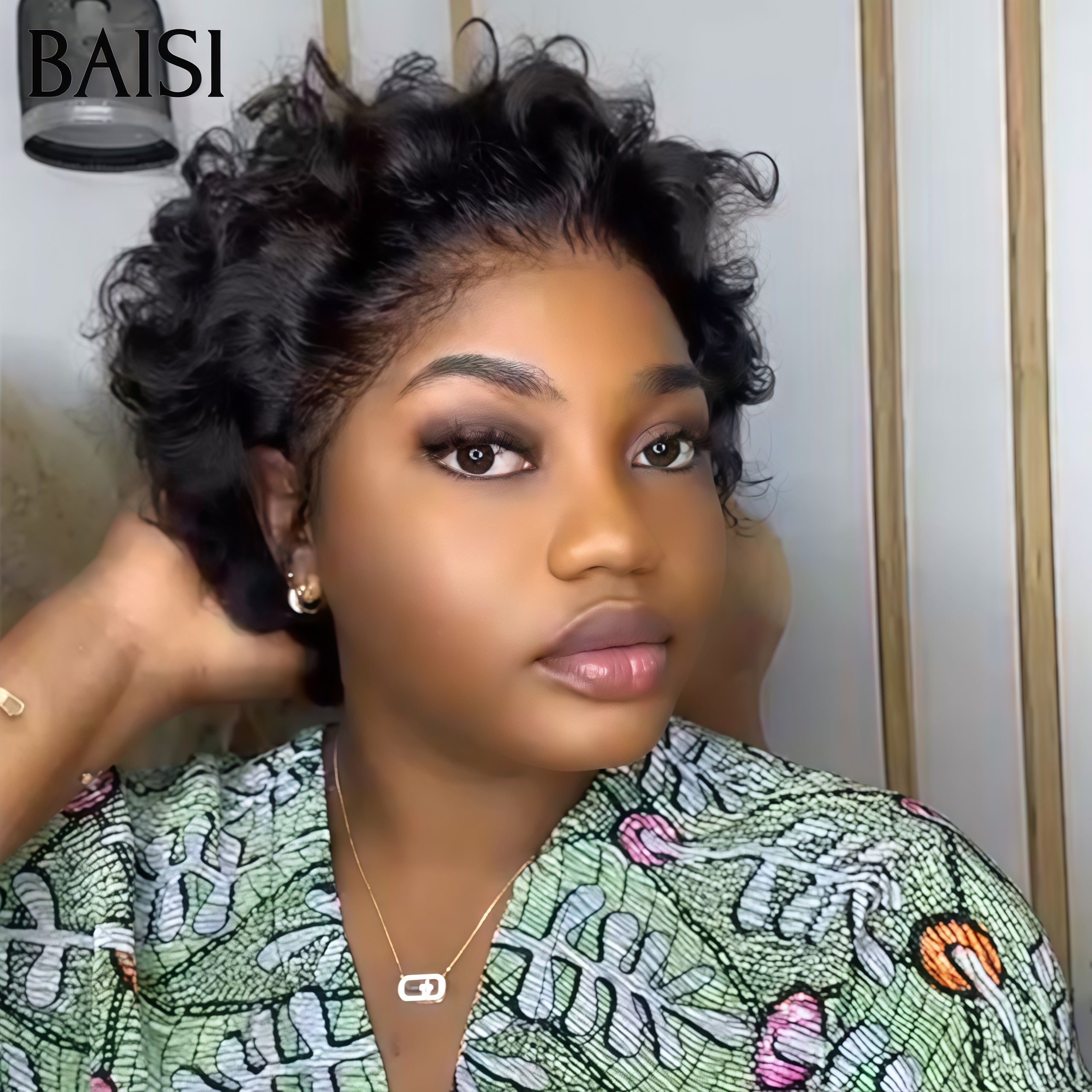 BAISI 13X4 lace Perruque Pixie bouclé petite coupe en couleur NOIR 55€ ou NOIR Mix Miel 1BMix27# 8 pouces En 100% Cheveux Humains