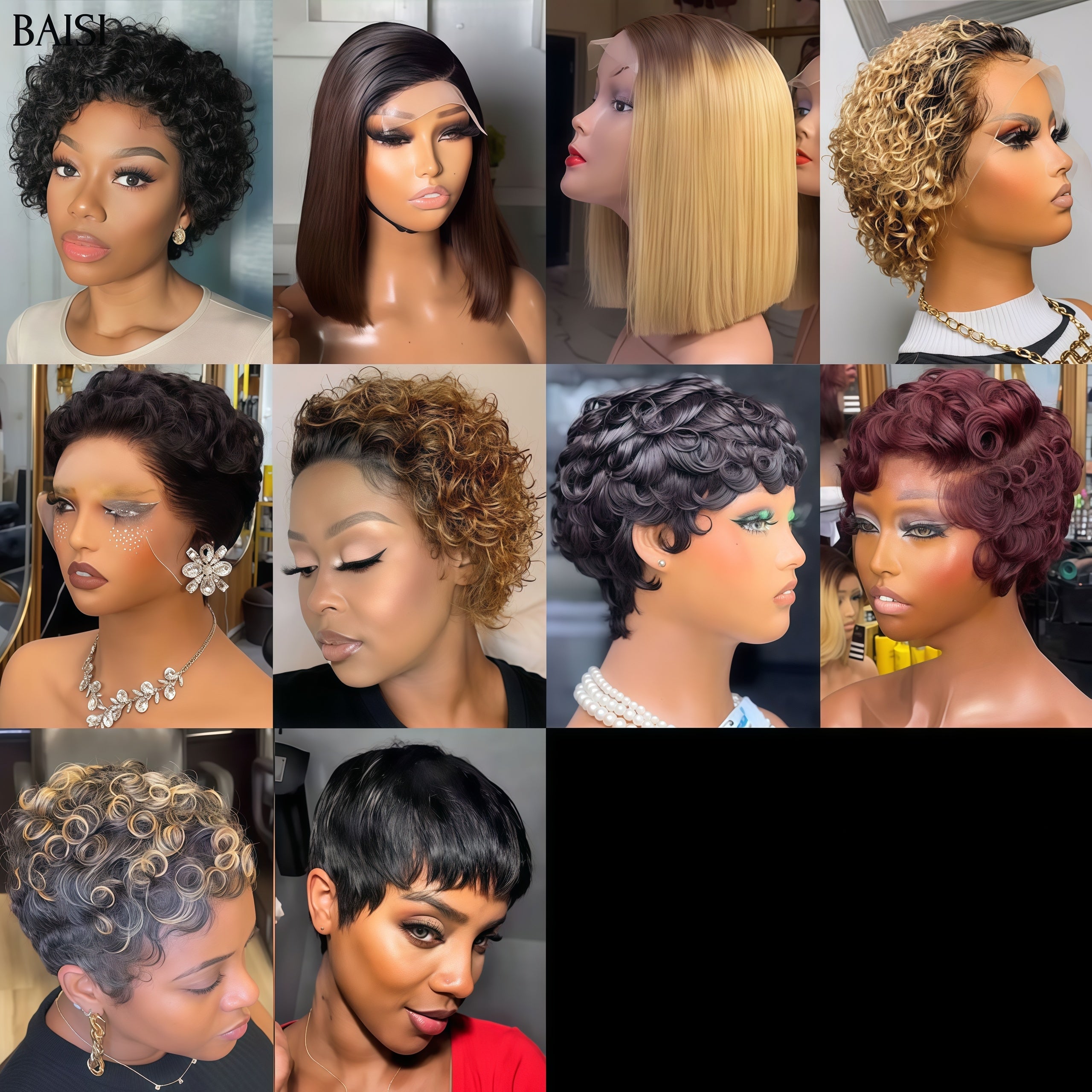 BAISI 10 Perruques Prix Grossite 220€ Facile à Revendre PROMO pixie et BOB en 100% Cheveux Humains liquidation en stock sans retour