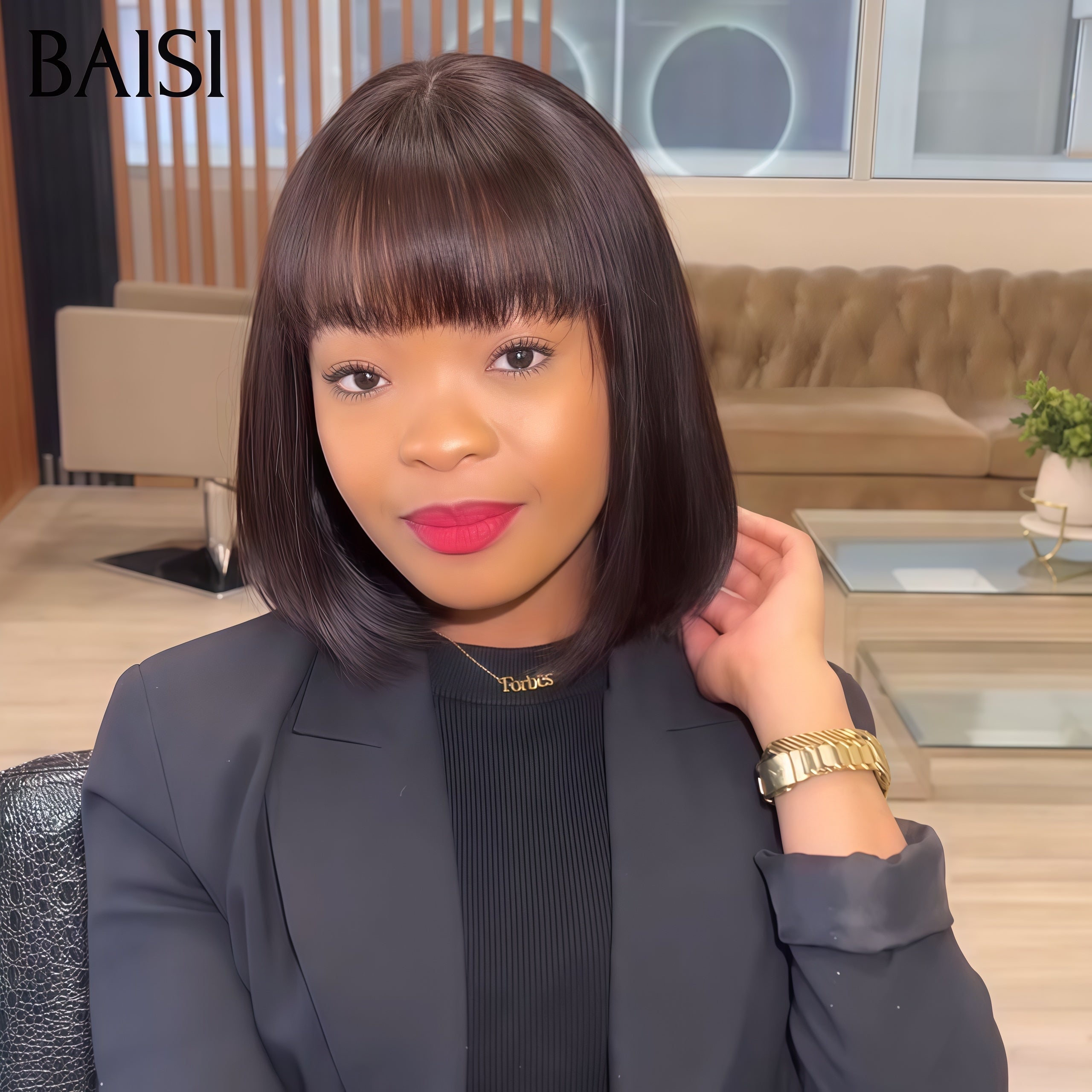 BAISI 1 perruque Lisse Bob avec Frange 8 Pouces 59€ ou Vente flash 2 perruques 130€ sans lace lisse bob avec frang en Couleur noir et bordeaux 1BT99J en 100% vrais cheveux humains CODE: VIP100