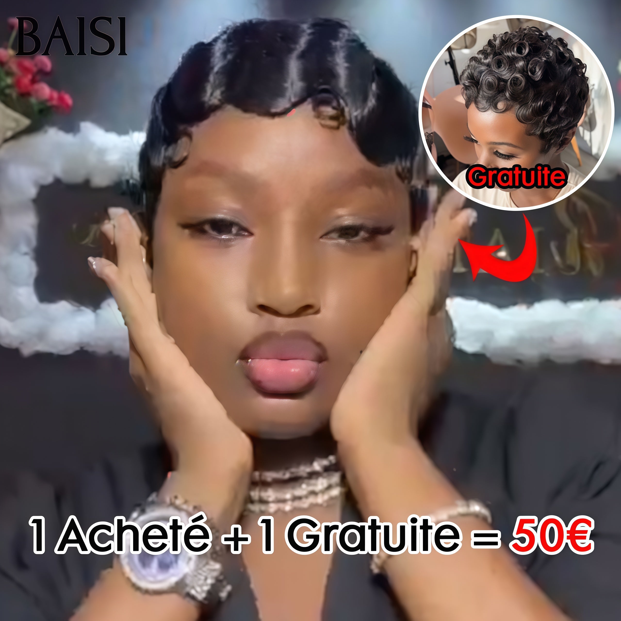 BAISI 1 Acheté + 1 Gratuite = 50€ Fabriqué à la Machine pixie water wave et finger wave ou 1 Acheté + 1 Gratuite = 338€ en 100% vrais cheveux humains (pas besoin de code)