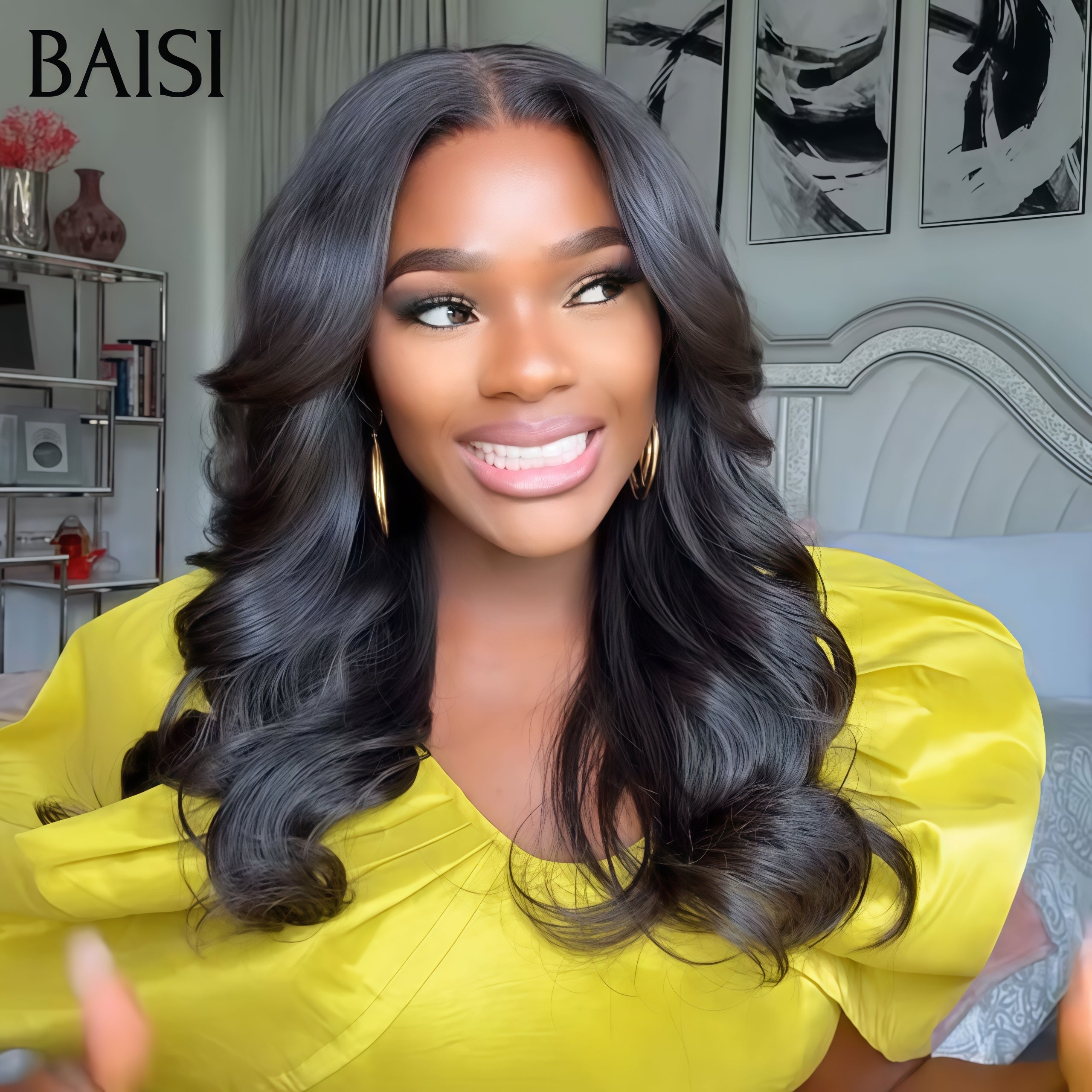 BAISI 4x4 lace closure Perruque 89€ Body Wave 18 Pouce en Noir Sans Colle Lace déjà couper Facile à Porter en 100% Cheveux Humains
