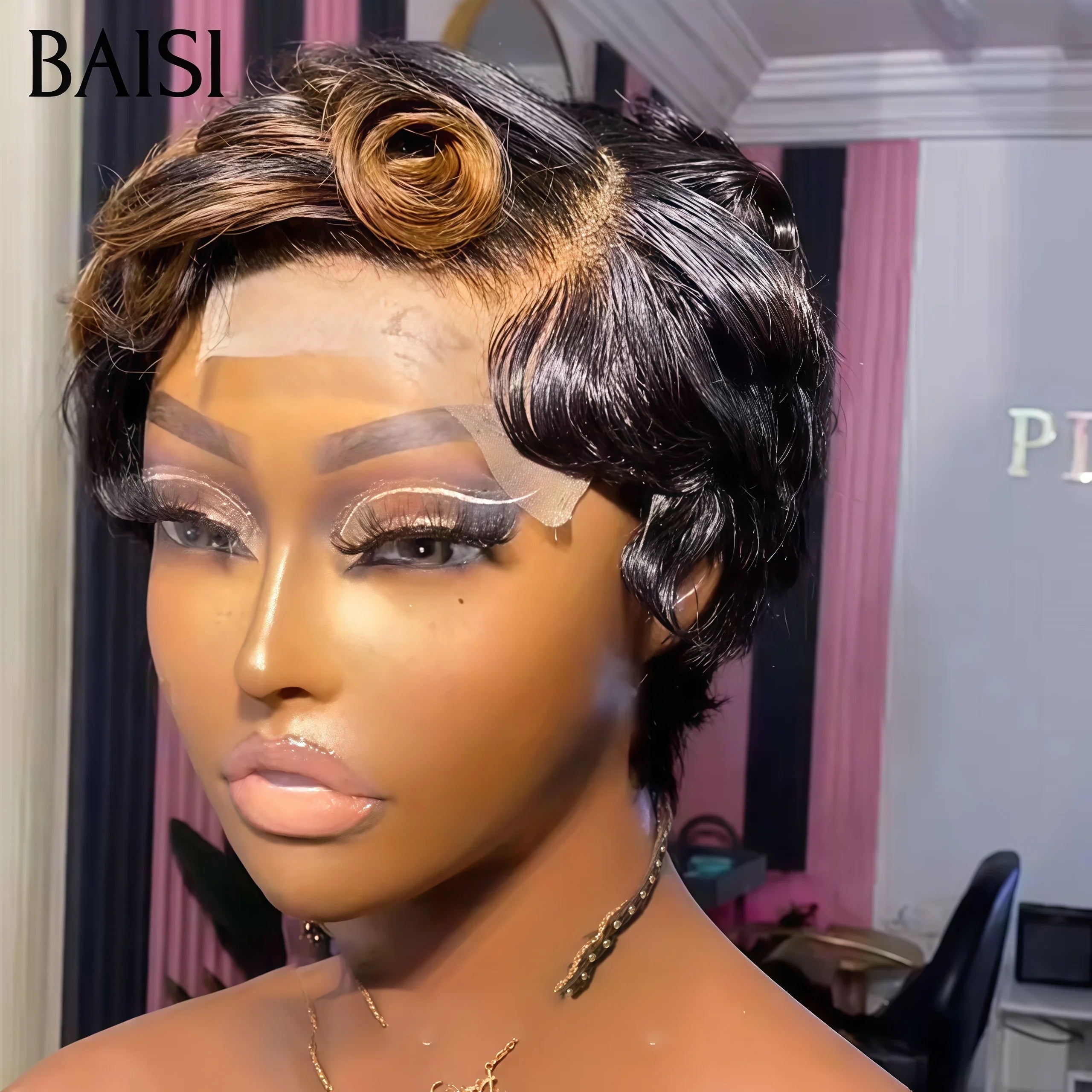 BAISI Achetez 2 perruques minimum au prix d'usine fournisseur en France TVA 0€ 48H arrivé 13X4 lace pixie Miel ou Paula water wave petite coupe fabriqué à la machine (Pas Besoin de Code)