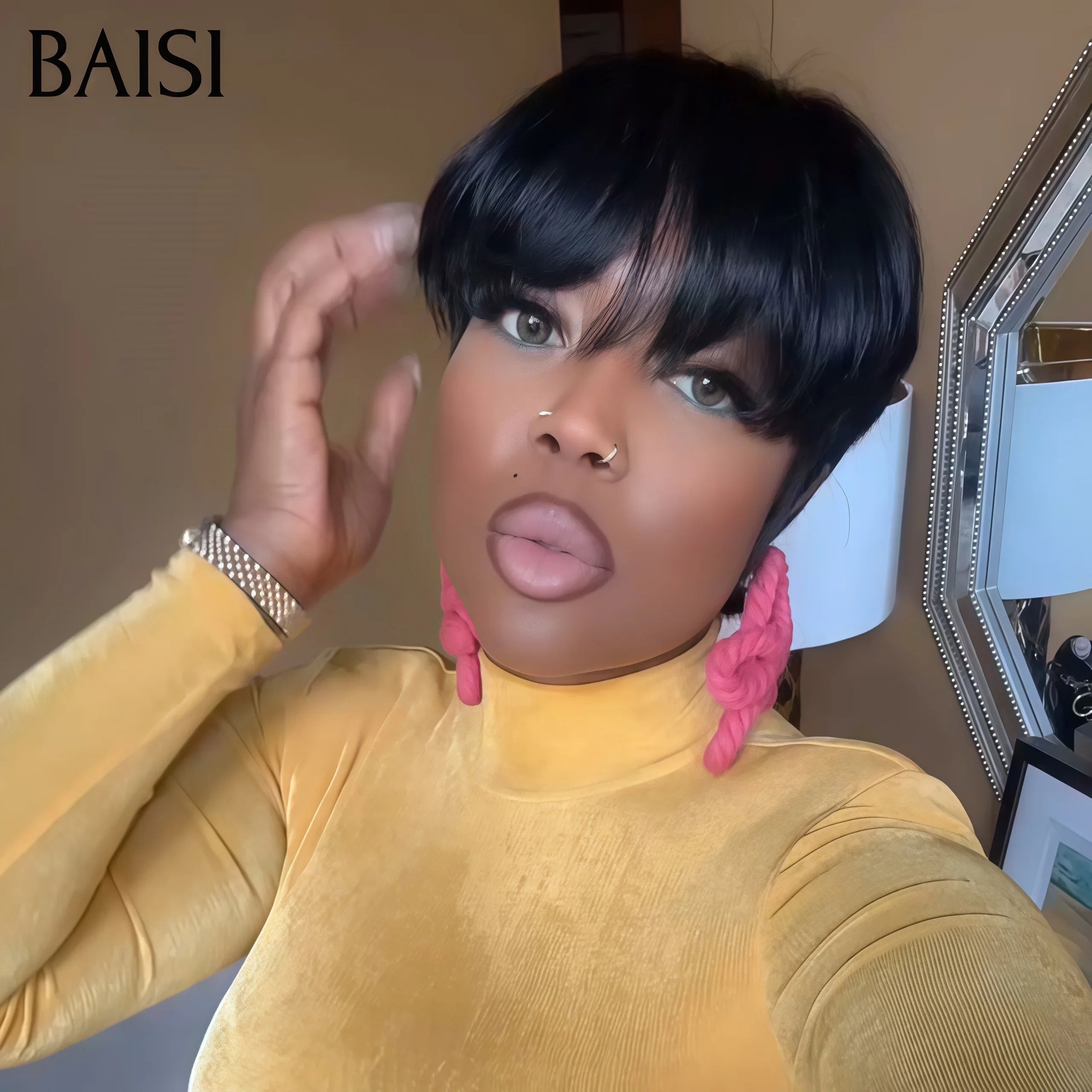 BAISI Promotion Exclusive 42€ Perruque Pixie Sans Lace Marron Lace frontale Perruque Personnalisée Avec La Raie De Côté En Couleur Marron #4