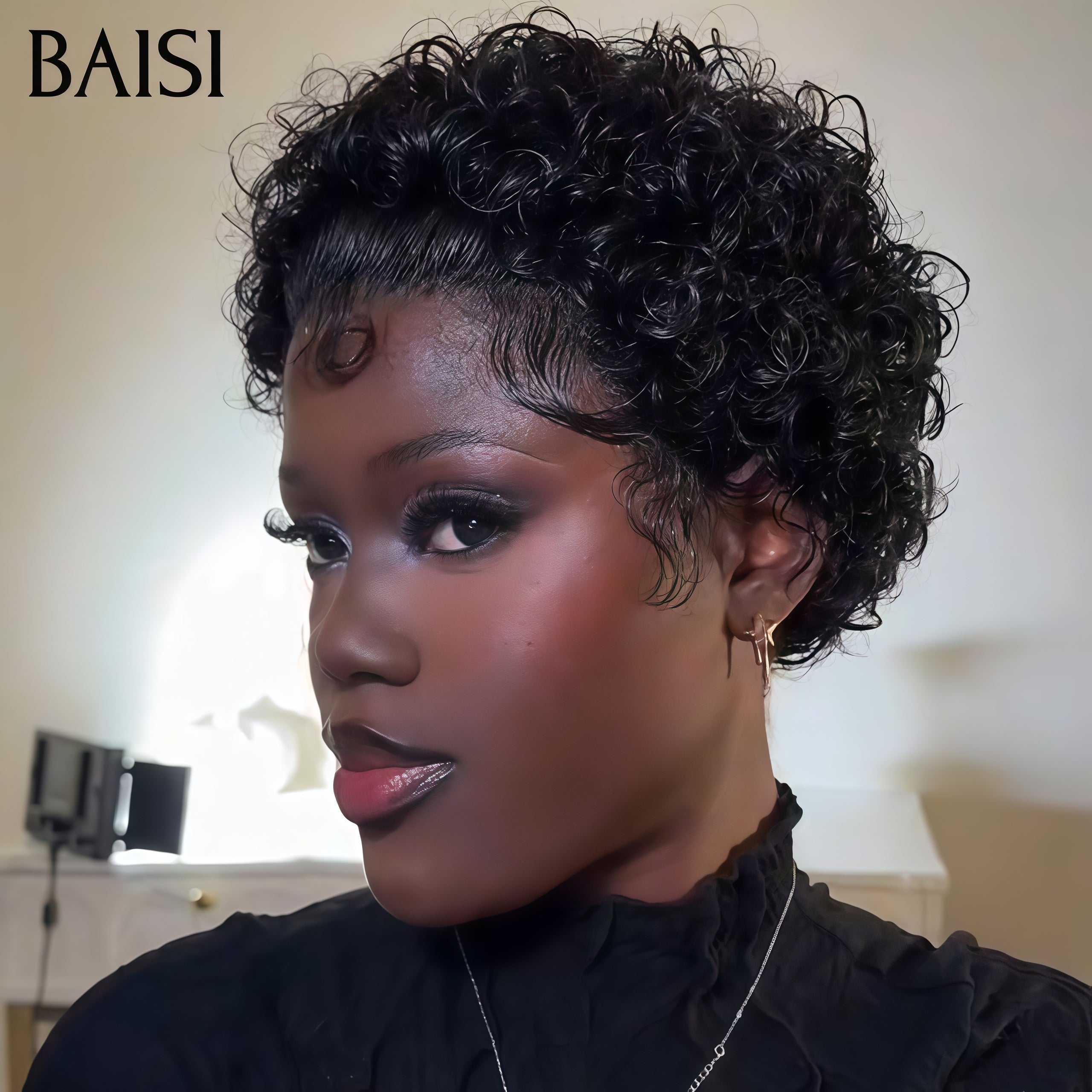 BAISI 13X4 lace frontal curly wave 55€ ou Prix 48€ Perruque Pixie Afro curly bouclé Noir en 100% cheveux humains
