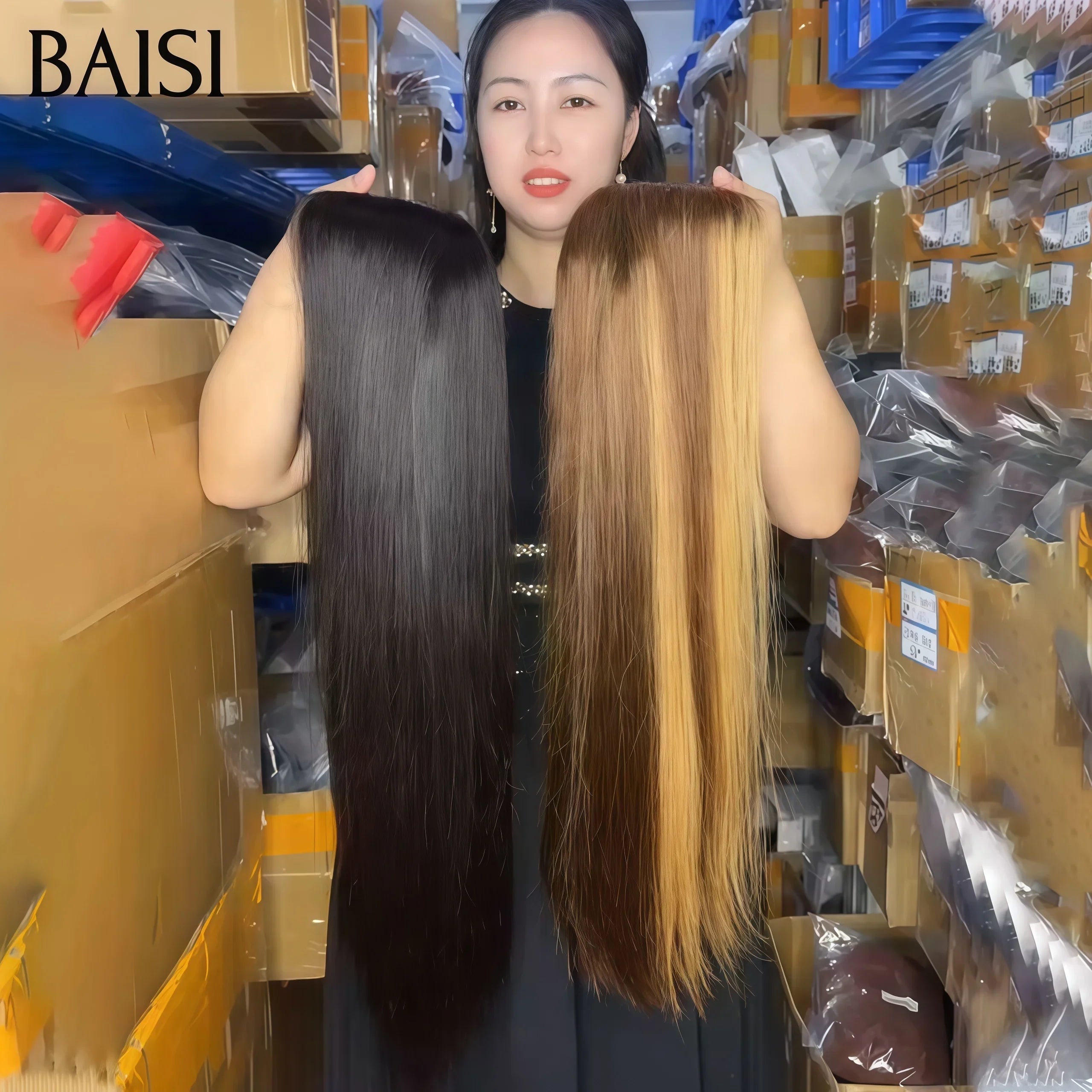 BAISI Achetez 1 + 1 Gratuite = 199€ 13X4 lace frontal Lisse 24 Pouces en couleur Mixte et 4x4 lace closure NOIR Lisse Perruque en 100% vrais cheveux humains