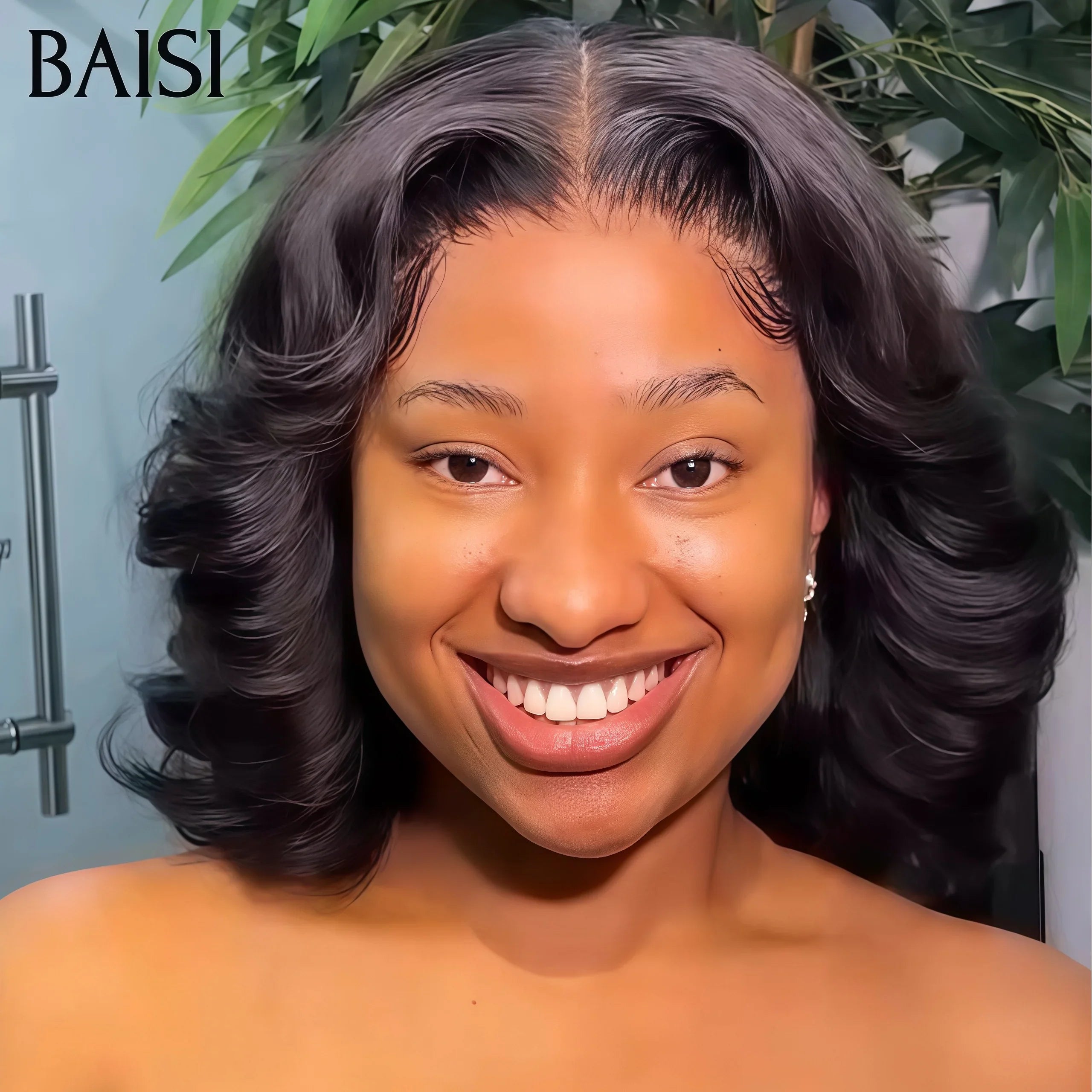 BAISI Pixie Perücke 4X4 Eierlocken Schwarzer Seitenscheitel 1B# 79 € in 100 % Echthaar BAISI20